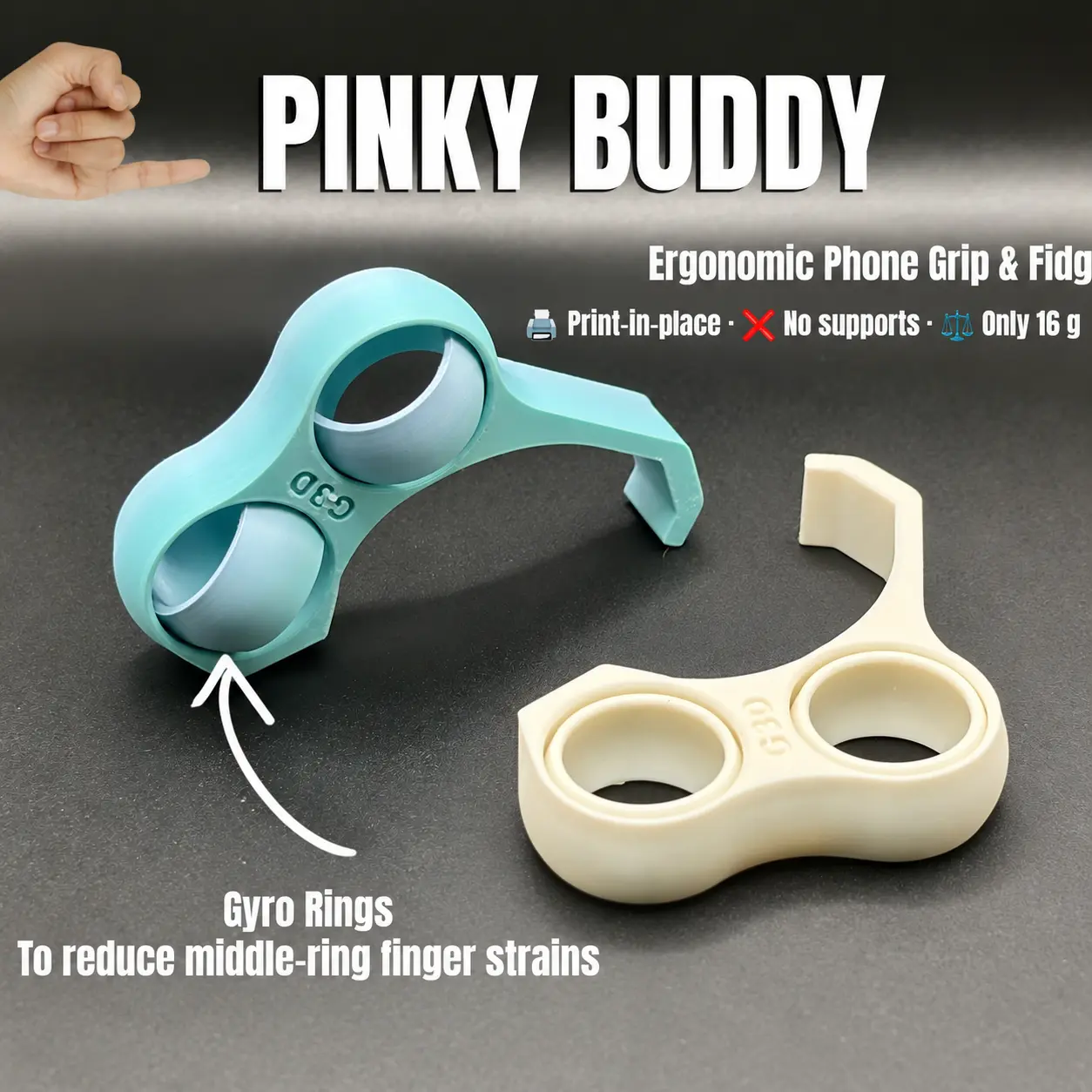 2-in-1 Ergonomic Phone Grip with Fidget Rings & Pinky Support Hook, Multifunctional Cell Phone Accessory for Comfortable 1-Handed Holding & Portable Stress Relief