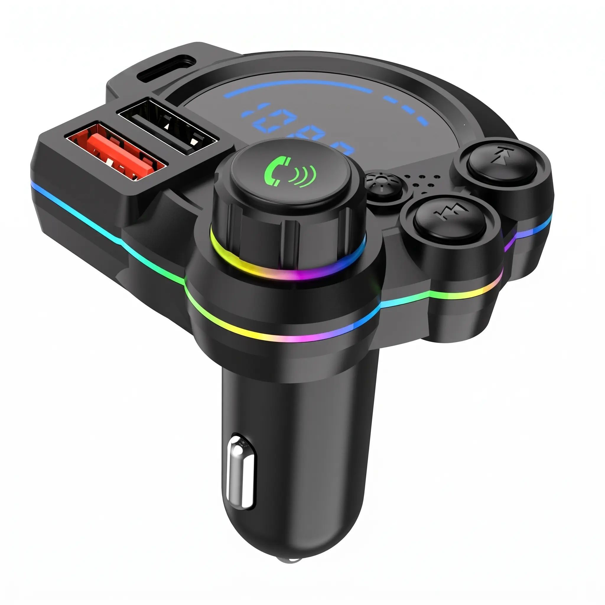 Type-C Car Charger & Bluetooth 5.3 FM Transmitter, Wireless MP3 Player with Dual USB Ports, Bass Sound Enhancer, RGB Glowing Radio Adapter, Hands-Free Calls, Car Accessories & Road Trip Essentials, Compatible with 12V-24V