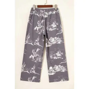 Women's Gray Wild West Riding Vintage Printed Straight Cotton Elastic Casual Shift Jeans Pants