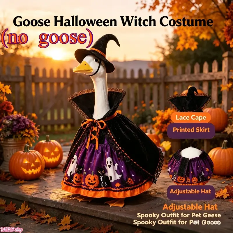 [HalloweenTok](no goose)Lawn Goose Halloween Witch Costume Set | Viral 2026 Ghost Pumpkin Black Cat Printed Lace Cape Dress, Adjustable Strap Witch Hat, Hook & Loop Outfit for 23in Yard Goose Porch Party Garden Lover Gift