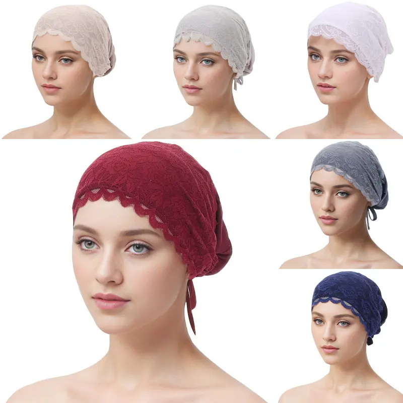 Women's Modal Cotton Lace Hijab Base Under Scarf - 56cm/22.44in Adjustable Drawstring Turban Cap, Casual All Seasons Burgundy Hair Cover Bonnet
