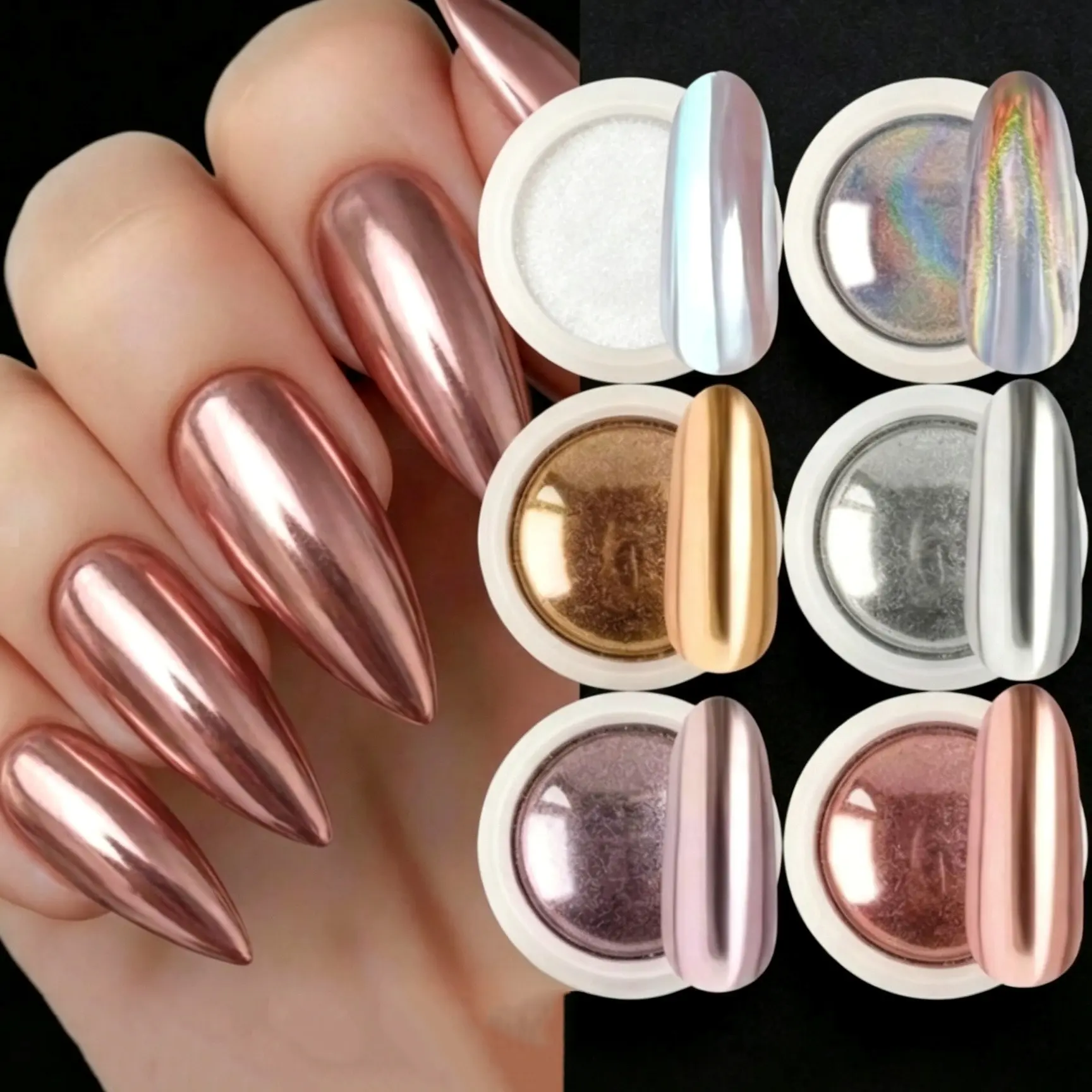 Mirror Chrome Nail Powder Nail Art Holo Metallic Aurora Glitter 6-Color/Set