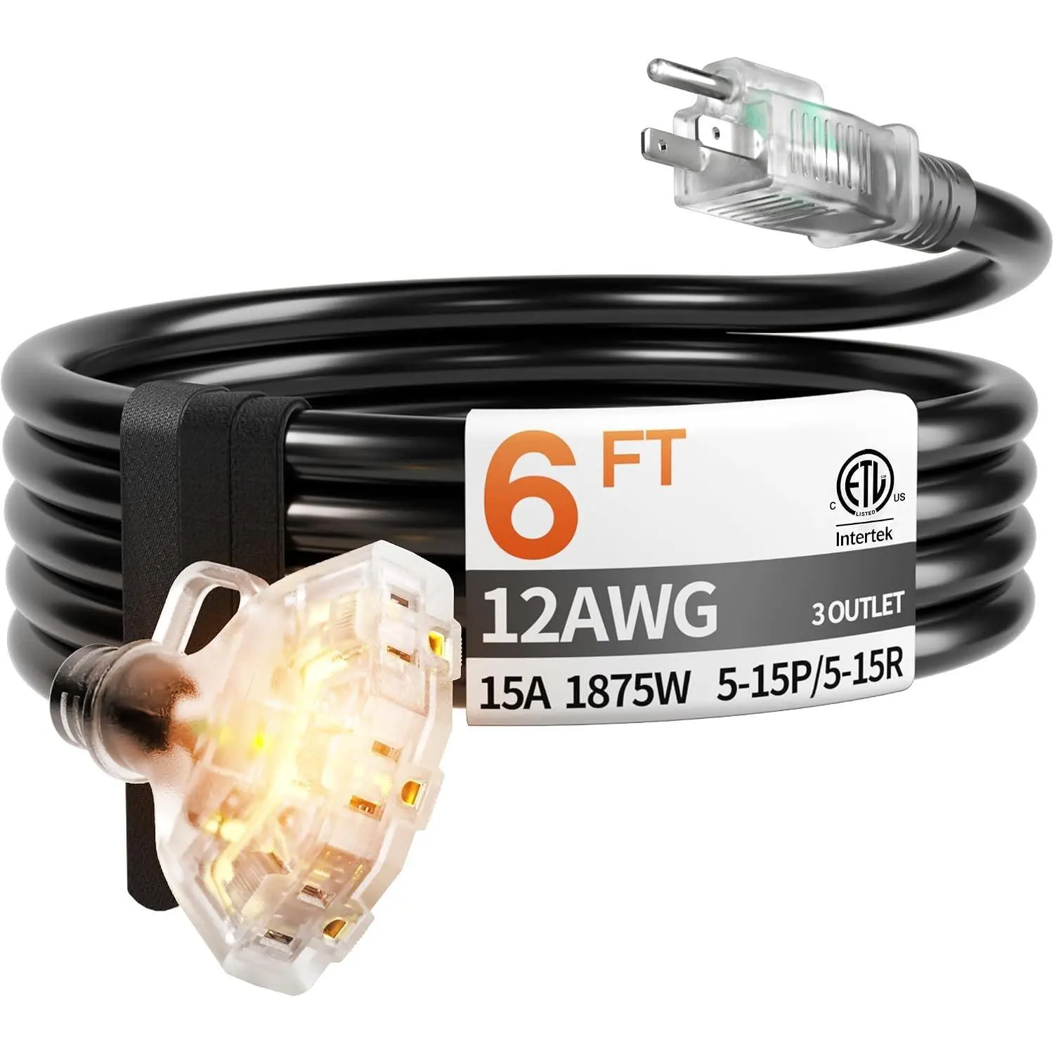 6FT 12 Gauge Black Weatherproof Outdoor Extension Cord - 3 Outlets, LED Glow, Hook, Flexible SJTW, Vinyl Jacket, 15A 1875W, ETL Listed for Garden Use