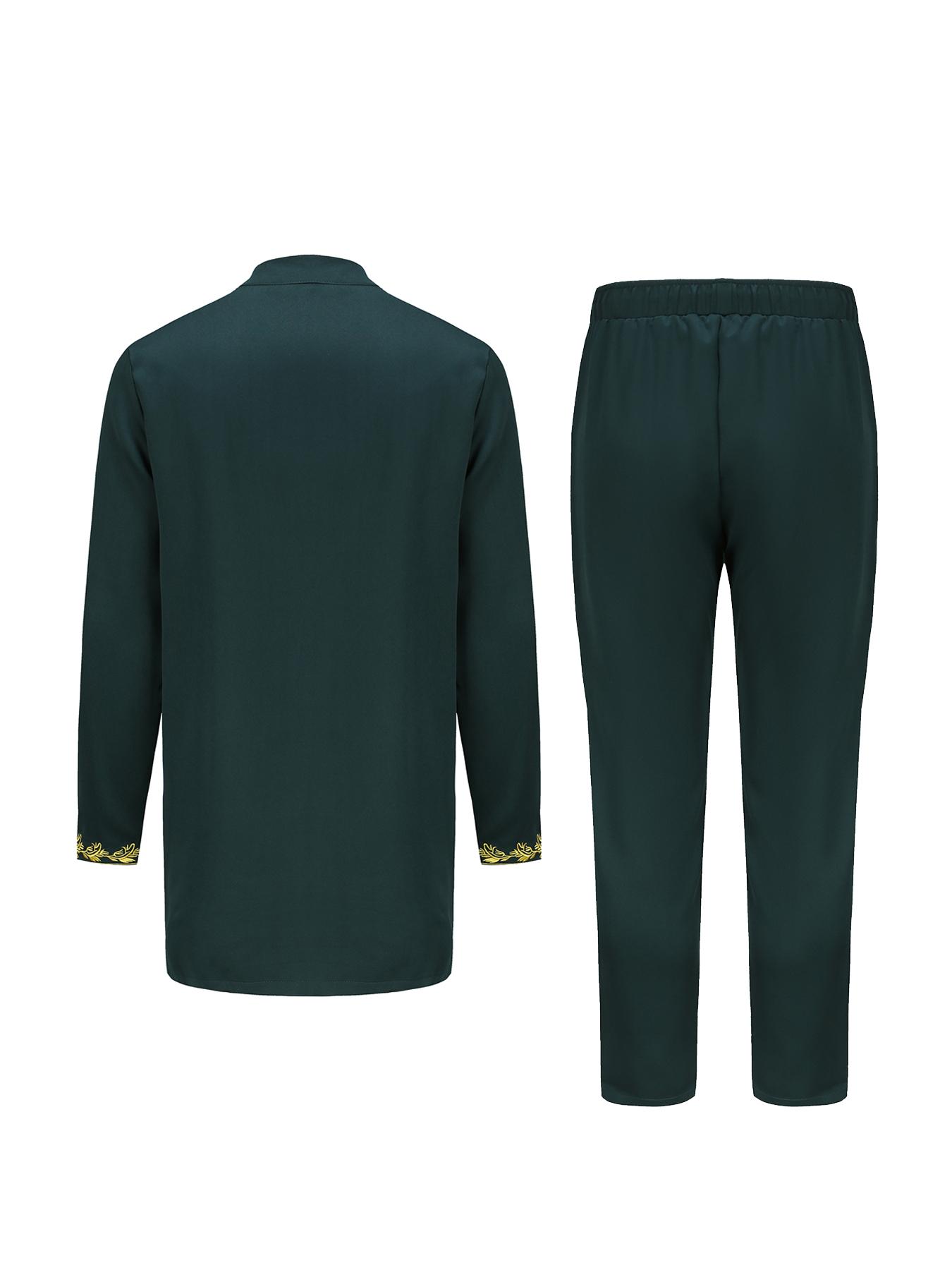 Men's Ethnic Pattern Embroidery Long Sleeve Top & Pants Two-piece Set, Regular Fit Traditional Top & Trousers for Party Holiday Vacation, Fashion Men's Two-piece Outfits for All Seasons, Kurta Suit