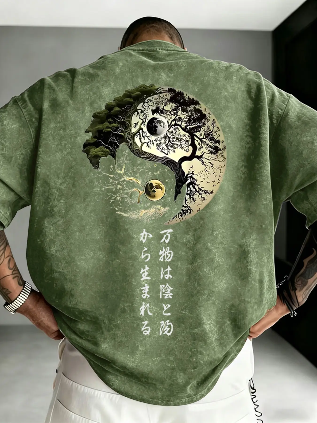 Men's Waterproof Washed Vintage Yin Yang Life Tree Japanese Calligraphy Print T-Shirt, Eastern Zen New Chinese Style, Loose Fit Casual Fashion Top