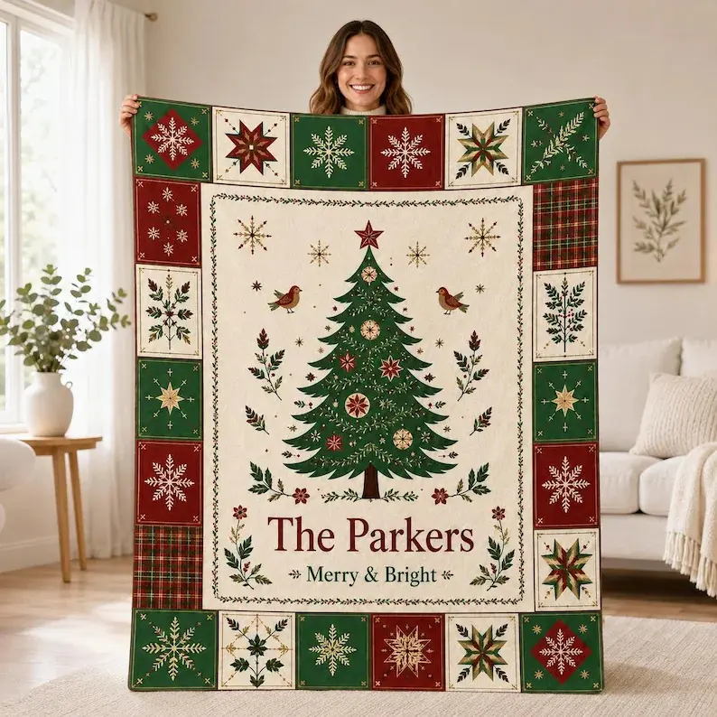 Custom Family Name Christmas Tree Patchwork Throw Blanket, Personalized Plaid Snowflake Quilt Style Fleece Blanket, Vintage Farmhouse Holiday Blanket for Xmas Home Decor & Family Gift