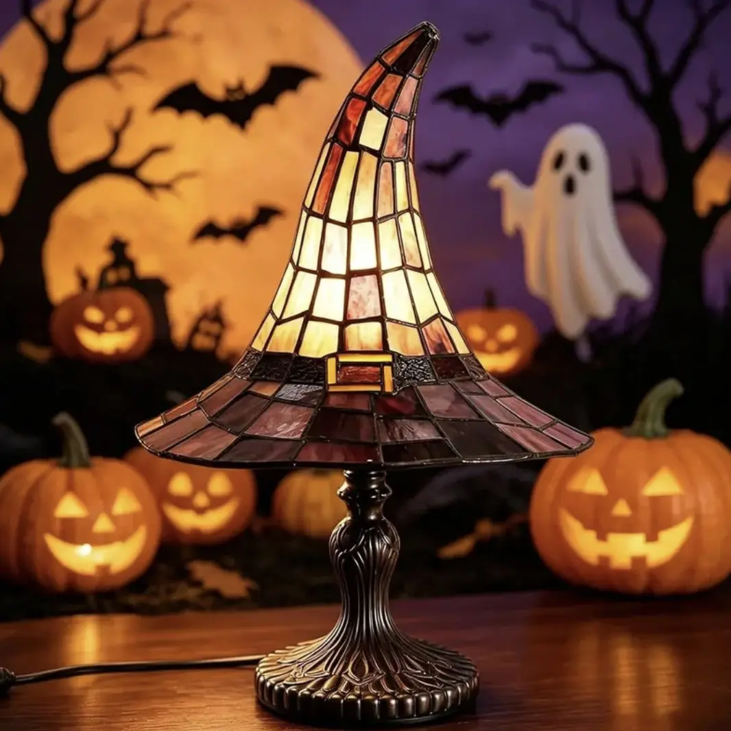 Dreamy Handmade Stained Glass Witch Hat Night Light | USB‑Powered Magical Gothic Wizard Hat Ambient Lamp, Halloween Home Decor Lamp, Creates Magical Home Atmosphere, Perfect Halloween Gift