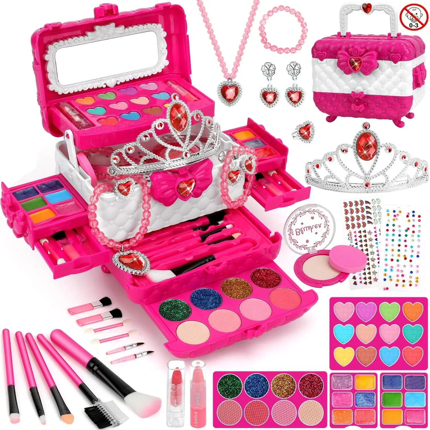 56 Pcs Kids Makeup & Jewelry Kit for Girls, Non-Toxic Washable Real Makeup Set with Princess Crown Necklace Rings, Beauty Roleplay Pretend Play Dress Up Toys, Perfect Christmas Birthday Gifts for Girls Ages 3-12 (Rose White)