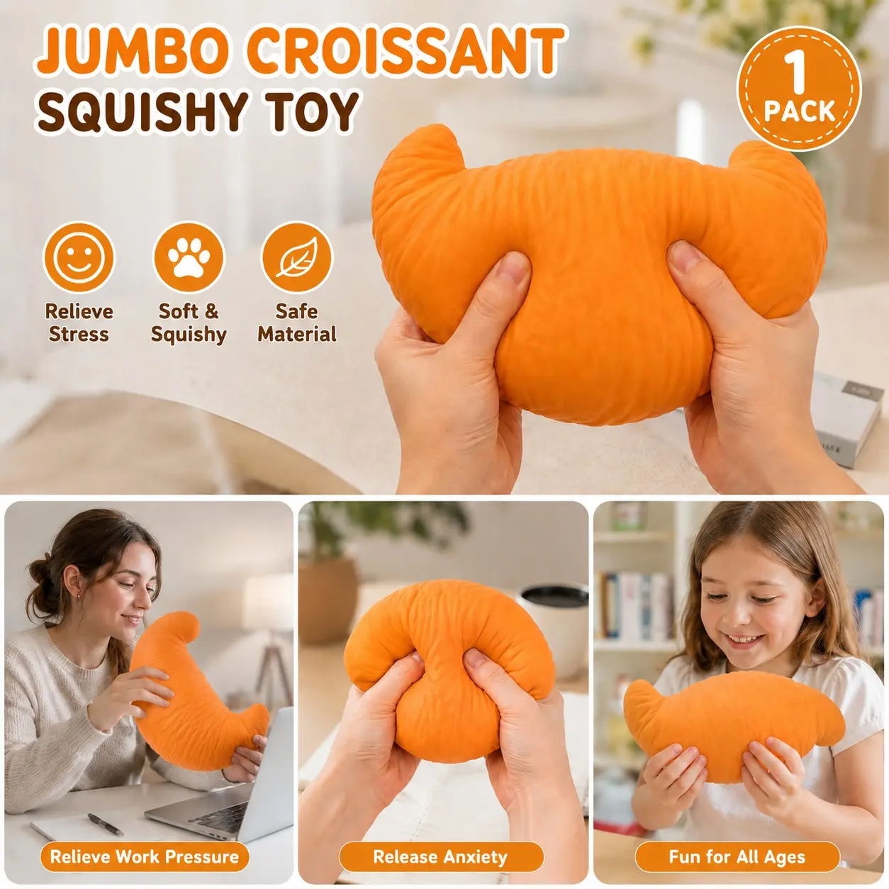 Jumbo Croissant Stress Relief Toy, Super Soft Dough Texture, Large Slow-Return Compression Ball, Kids & Adults Relaxation Gift, Office Learning Tool