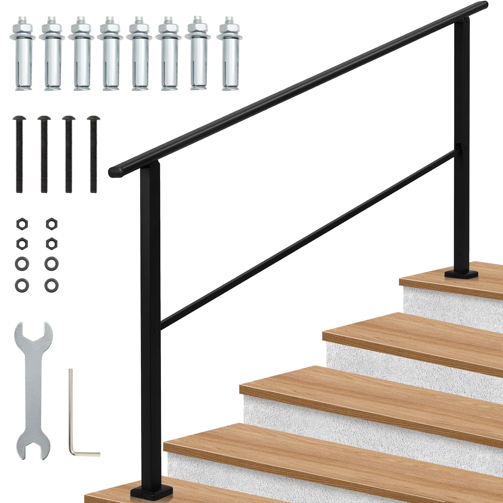 Heavy Duty Safety Handrail for Stairs - 2-Step Adjustable Metal Railing - Non-Slip, Weatherproof, Rust-Resistant - Easy Installation for Indoor & Outdoor, Porch, Deck