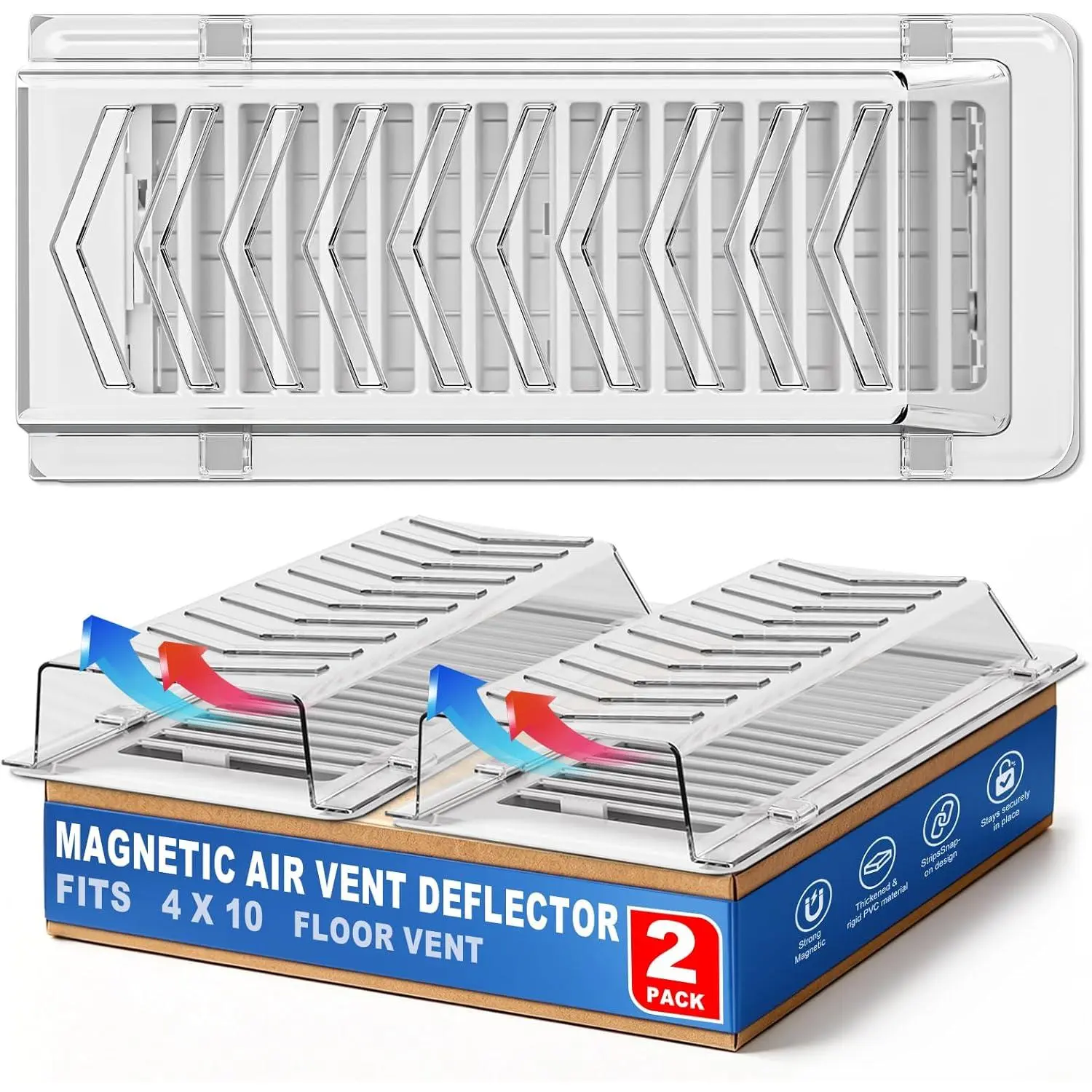 Super Magnetic Vent Deflector, One-Piece Snap-Lock Sideways Air & Heat Deflectors for Wall, Floor Vents, & Ceiling Registers, Secure Fit & Quiet Operation, Fits 4x10 Vent Duct Opening, Clear 2 Pack