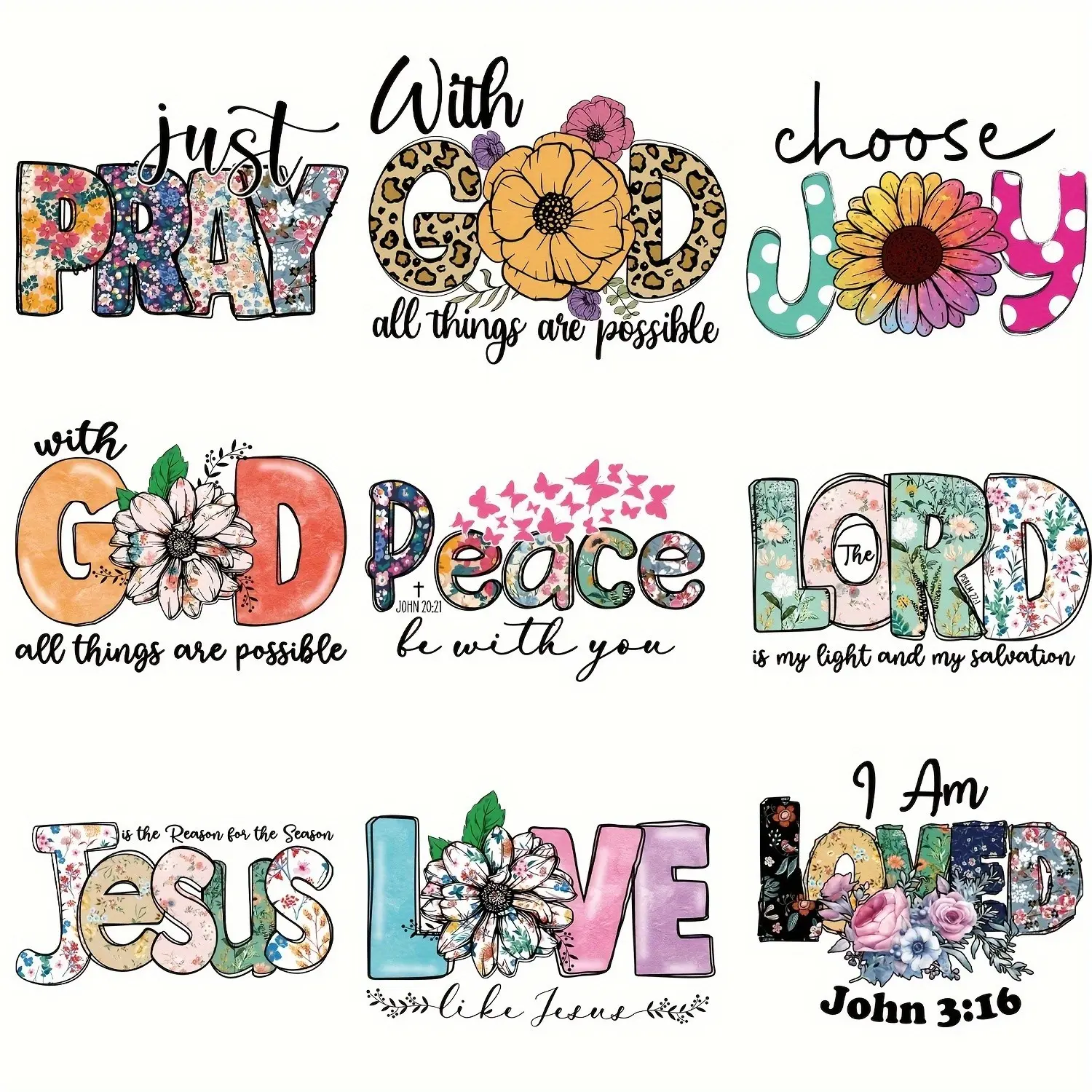 9 Christian Faith Heat Transfer Stickers, Multi-Color Inspirational Quotes, Iron-On Decals for T-Shirts, Jeans, Hats, Bags, DIY Fashion Accessories