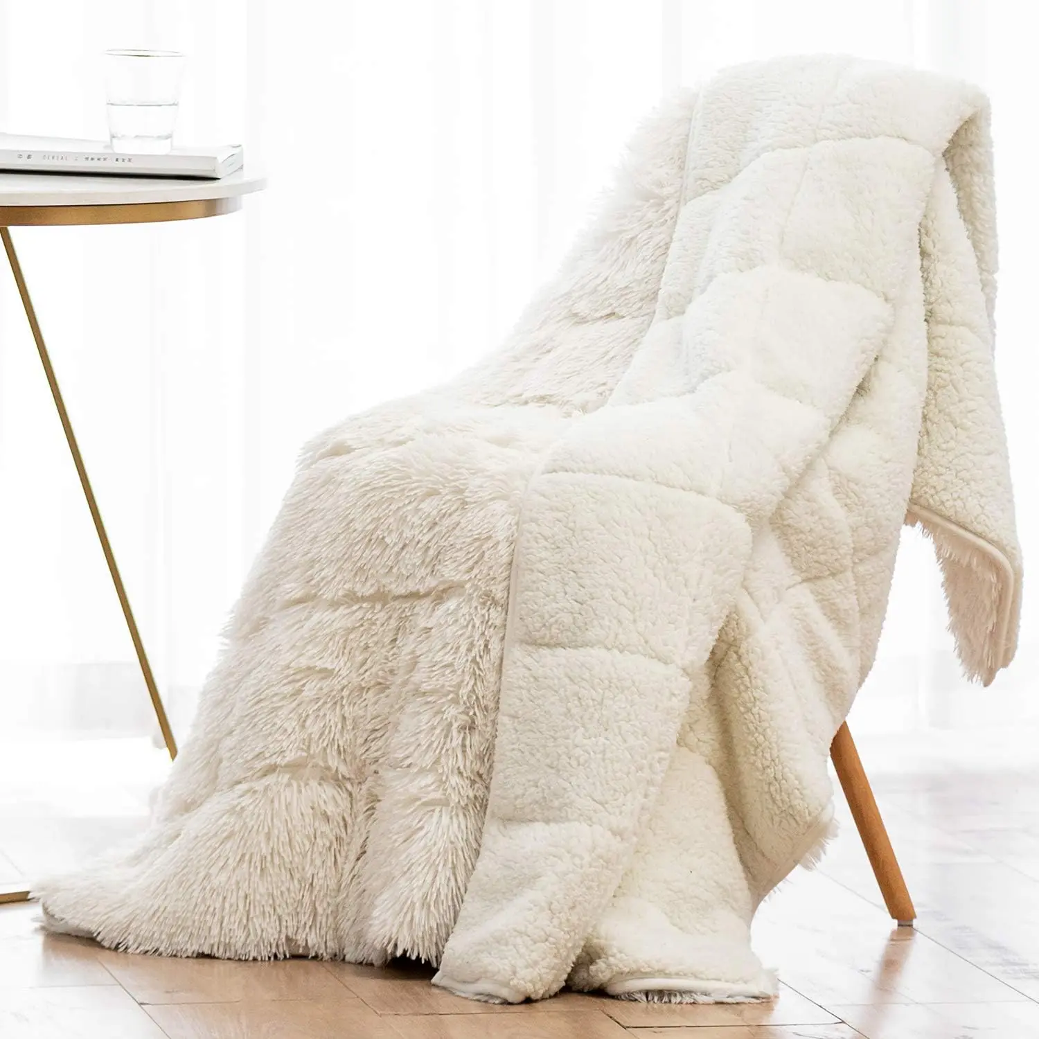 Shaggy Faux  Weighted Blanket for Adult 15lbs,  Size 48x72 |  Long Plush Fleece; Fuzzy Sherpa Reverse; Machine Washable; Glass Beads; Heavy Throw Blankets for Bed, Couch; Cream