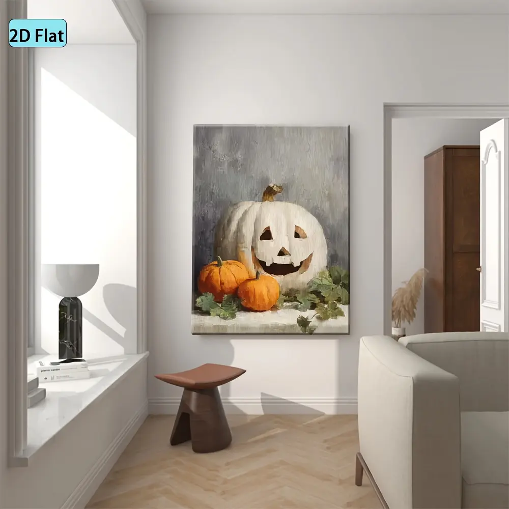 2D Print, 1 Piece Halloween Pumpkin Lantern Wall Art Print - Carved Face White Pumpkin Canvas Poster, Framed and Ready to Hang Decorative Painting, Suitable for Living Room, Bedroom, Home Office - Horror Season Decoration, Year-Round Neutral Wall Art, Hom