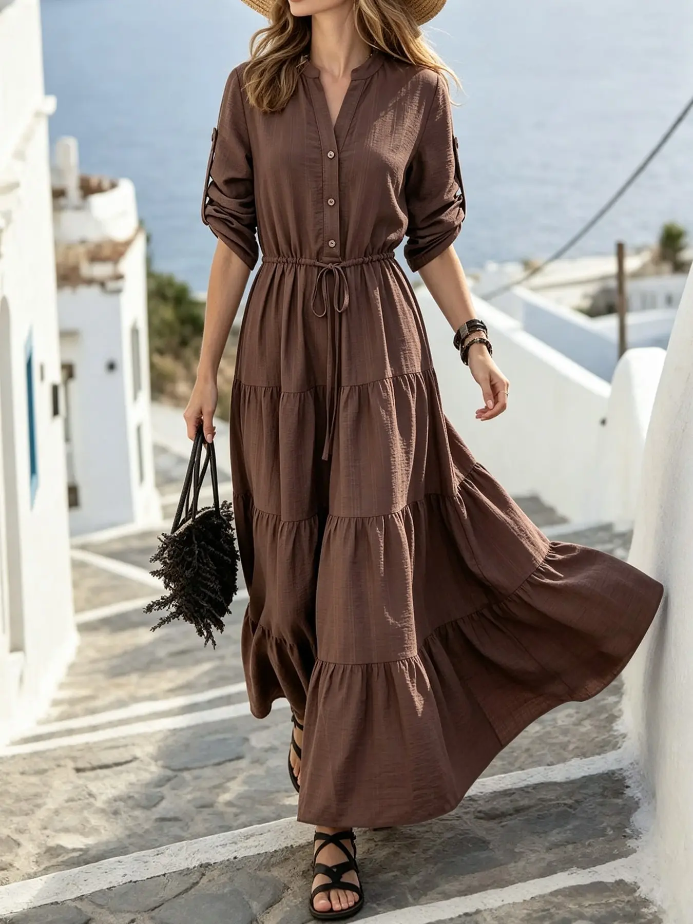 Elegant Stand Collar Seven-Quarter Sleeve Muslim Long Dress, Plain Color Drawstring Waist, Three-Layer Cake Skirt, Multiple Colors Available, Muslim Dresses