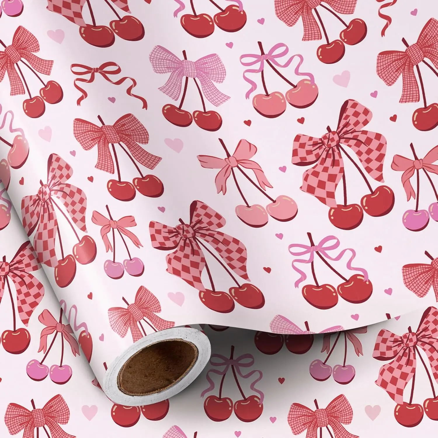 RUSPEPA Cute Cherry Bow Wrapping Paper Roll, Pink & Red Valentine Gift Wrap for Girls, Birthday, Galentine’s Day, Bachelorette Party, Aesthetic Gift Packaging Paper, 17 x 16.4 Feet
