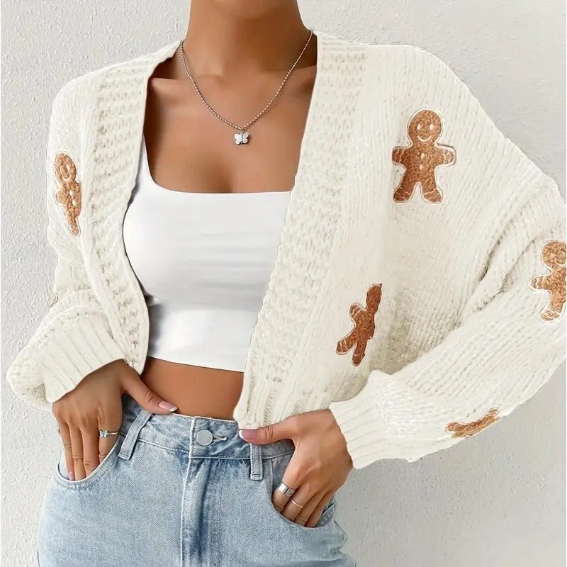 Gingerbread Man Crop Cardigan - Women's Autumn/Winter Long Sleeve with Christmas Embroidery Sweater Knitwear Casual Tops Vneck fall sweater