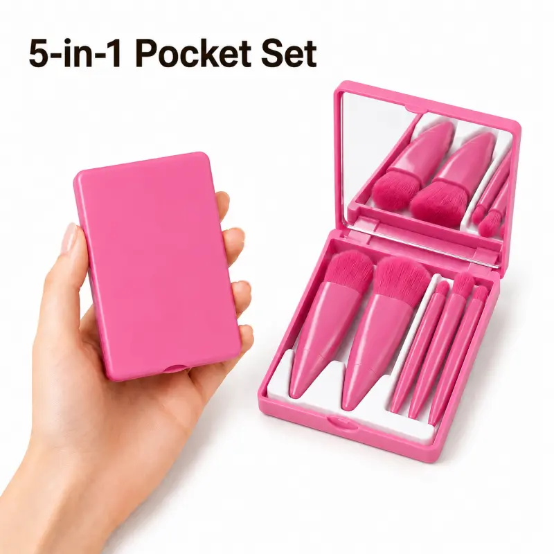Portable Cosmetics Brushes Set with Mirror Case, Makeup Brush Kit, 5pcs/set Mini Makeup Brushes for Foundation, Powder, Concealers, Blush, Face Makeup Brush, Cosmetic Product for Home Travel Use, Beauty Travel Brush