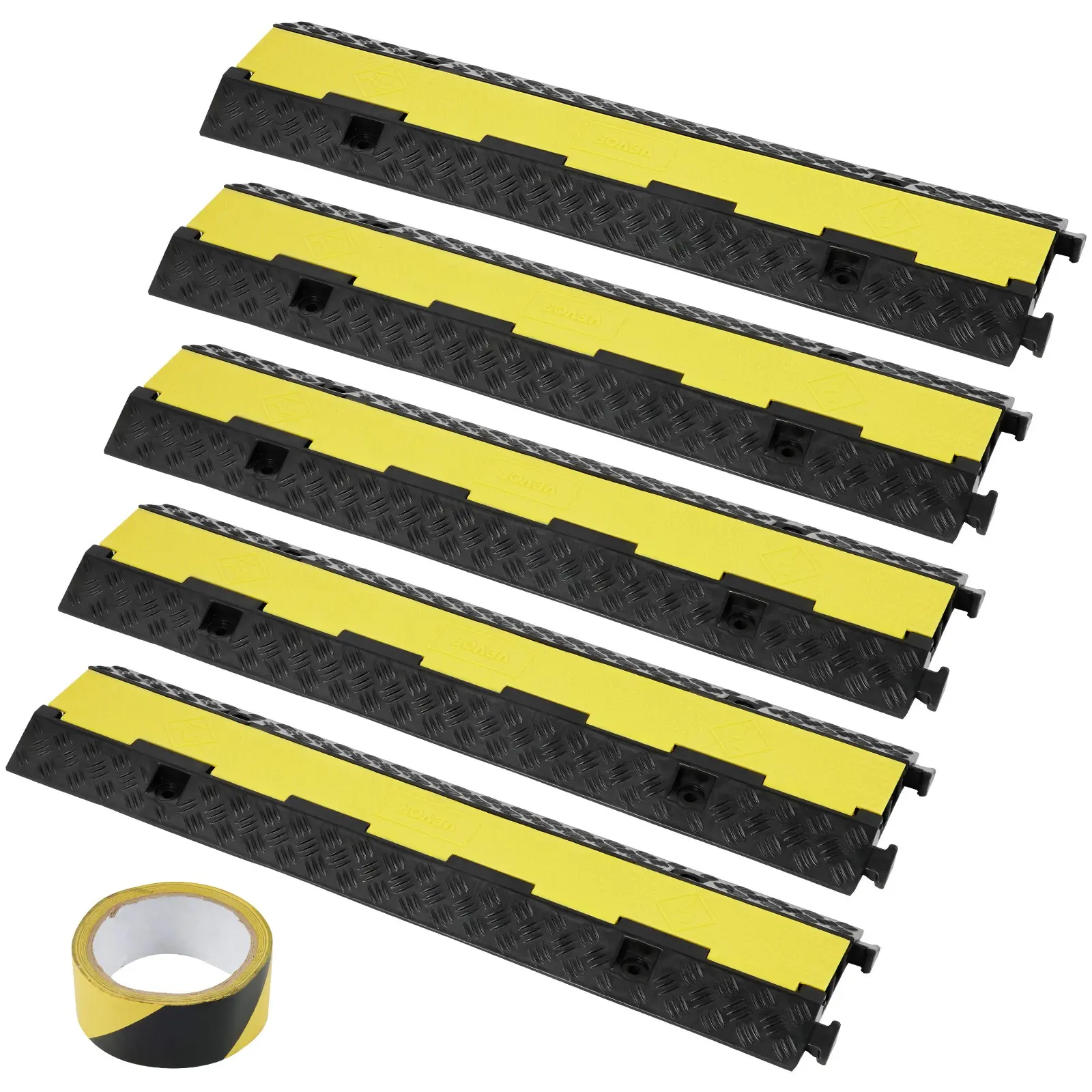 VEVOR 5-Piece Rubber Cable Guard, Dual Channel, 12000 lbs per Axle Load Capacity, Durable Hose Wire Protection Ramp for Driveways, with Easy Access Top 50 ft Caution Tape for Both Indoor Outd