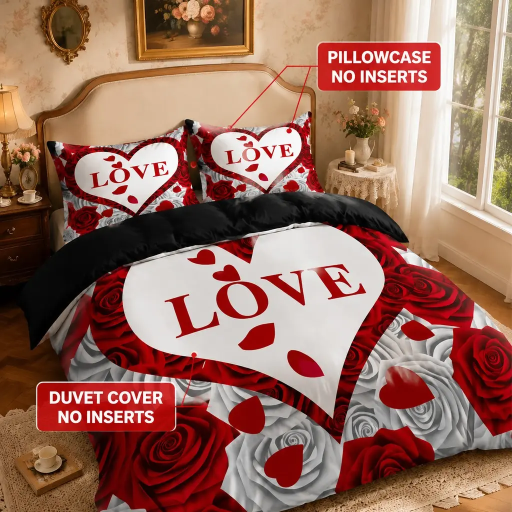 3-Piece Valentine's Day Digital Print Floral Decorative Printed Bedding Set, Soft Breathable Fabric, All-Season Use, Bedroom & Guest Room Decor