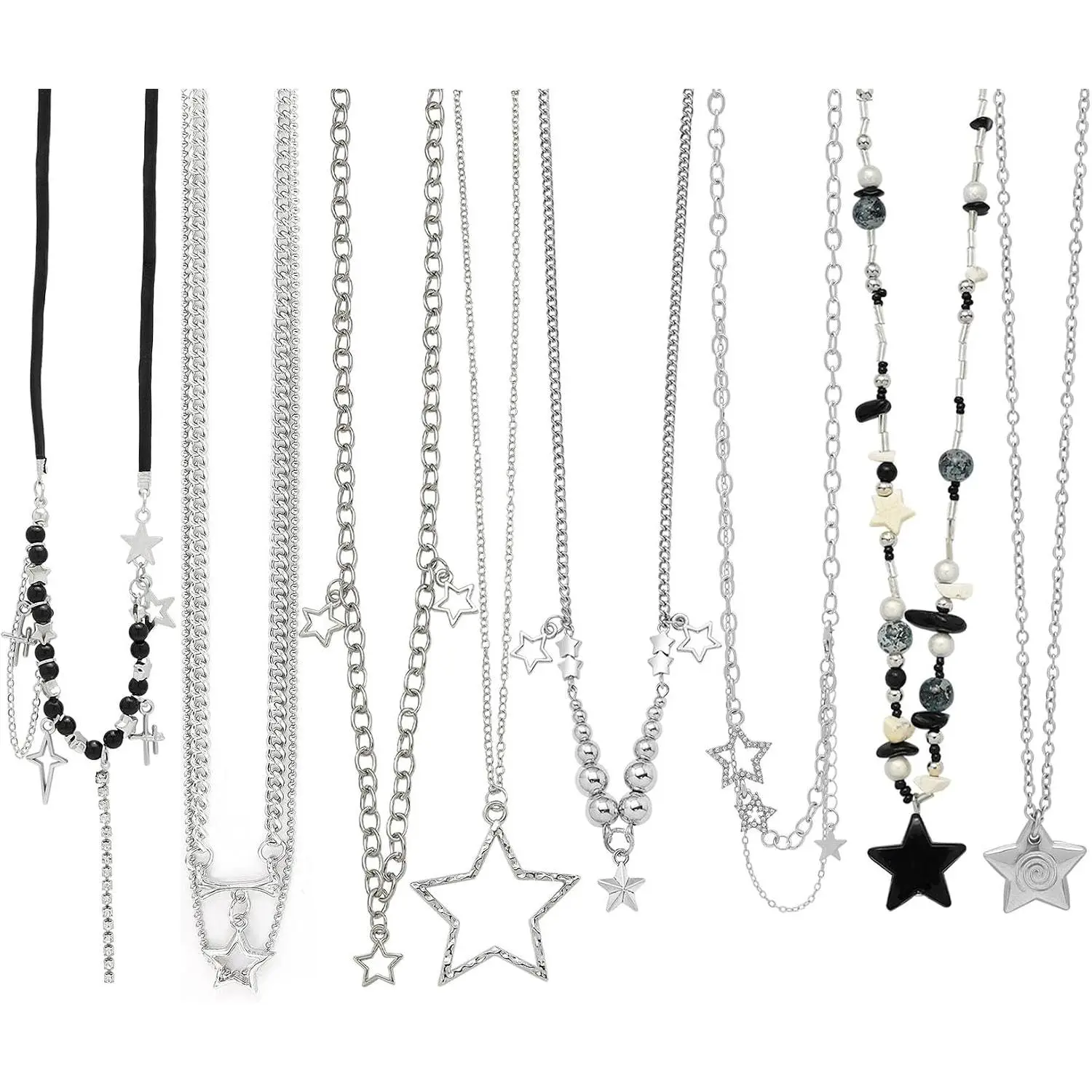 8 count Y2K Gothic  Grunge Necklace Set for Women Men Punk Grunge Emo  Pack Alt Gothic Y2K Accessories  Pendant Beaded  Chain Necklaces for Rock Roll Alt Outfit