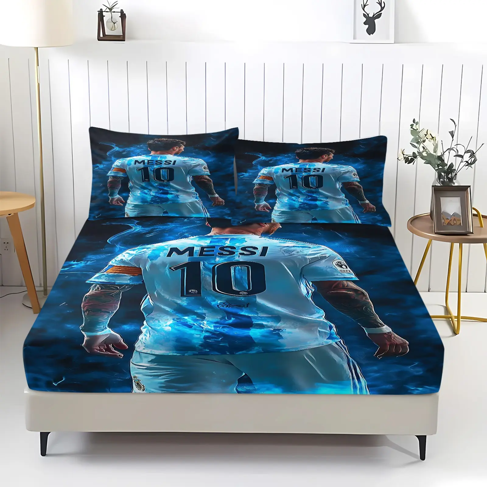 3-Piece Football Player Print Fitted Sheet Set, Soft And Comfortable Bedding Set With Deep Pockets, 1 Fitted Sheet + 2 Pillowcases (No Filler), Perfect For Bedroom Bedding Set, A Great Gift For Football Fans