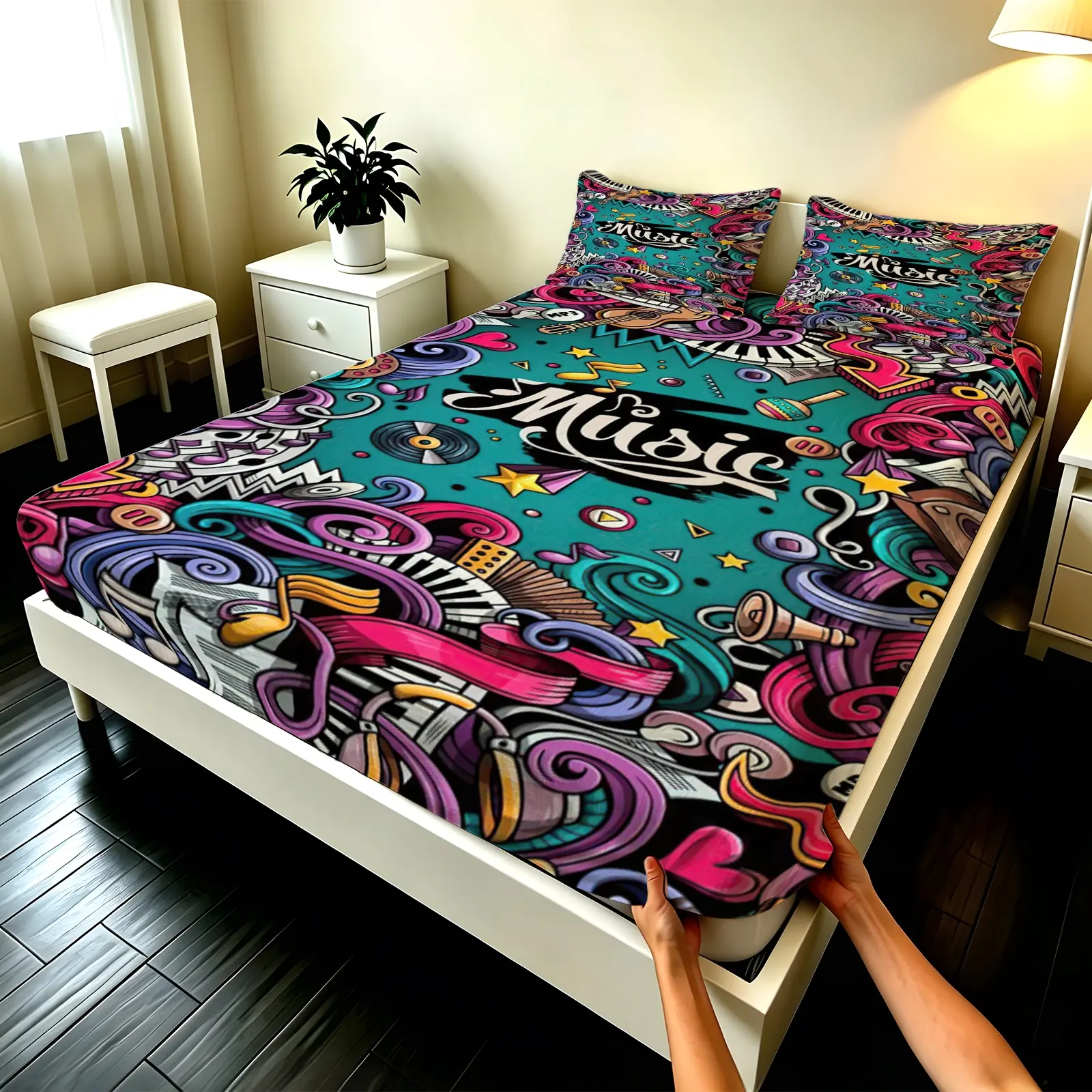 3pcs Fitted sheet Music Graffiti Pattern Soft Microfiber Bedding Set, Patterned Bedding Set, Wrinkle Resistant Fade Proof Breathable Comfortable Bed Cover Set for Bedroom Guest Room Home, Fit Twin Full Queen King Cal King Size