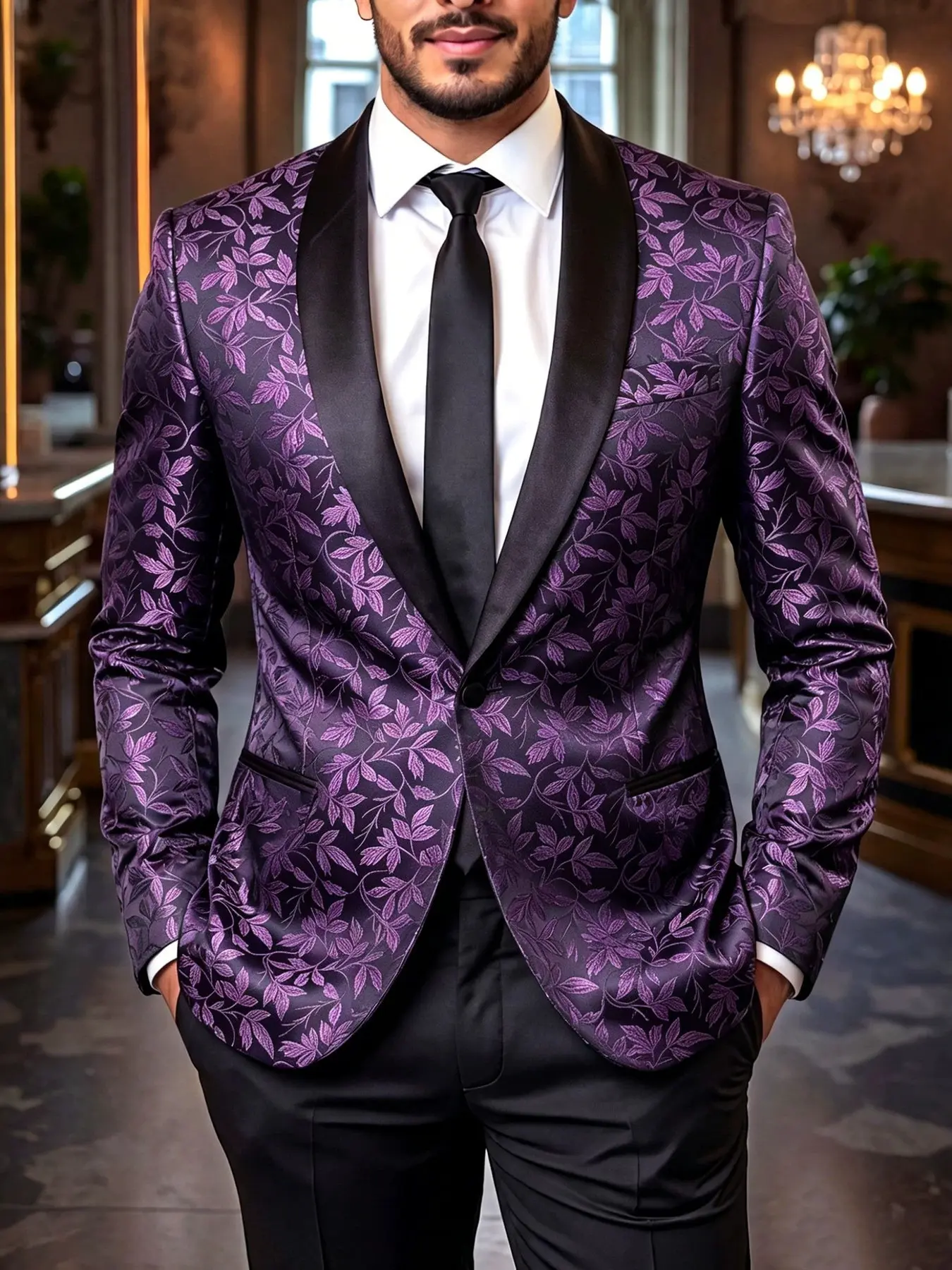 Men's Luxury Jacquard Blazer, Glossy Leaf Pattern Evening Dress Top, Notch Lapel Single Button Suit, Wedding Party Dance, Formal Guest Attire