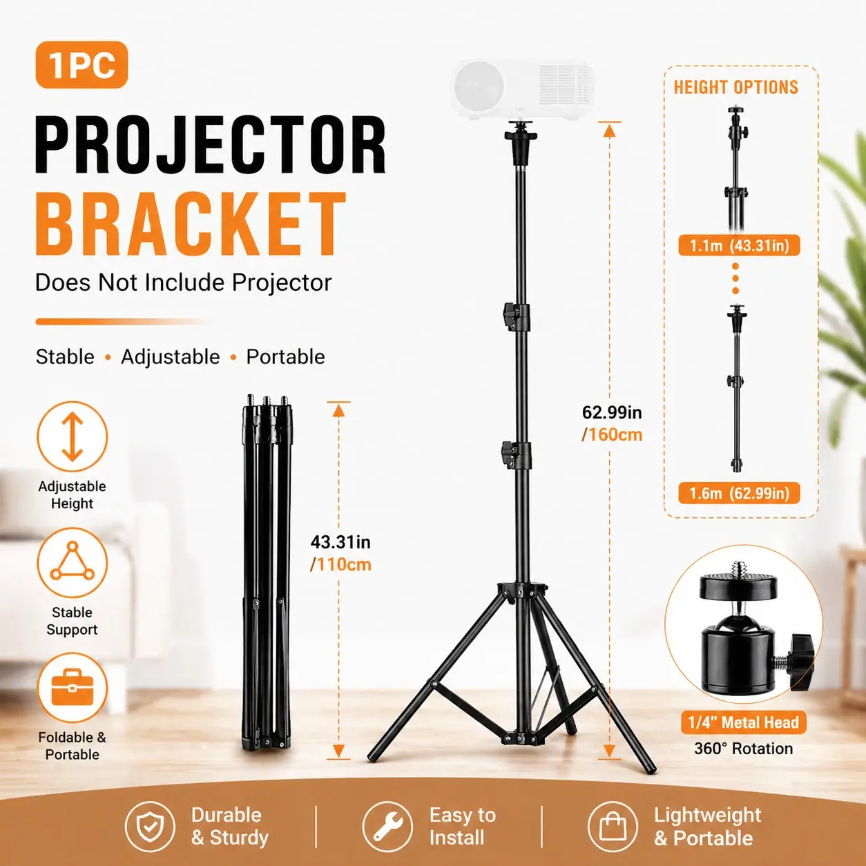 stable,Adjustable, Durable, Portable Laptop Tripod Stand, Flexible Neck Phone Holder, Aluminum Projector Mount, Ideal for Office, Home, Stage, Studio, Dj Equipment