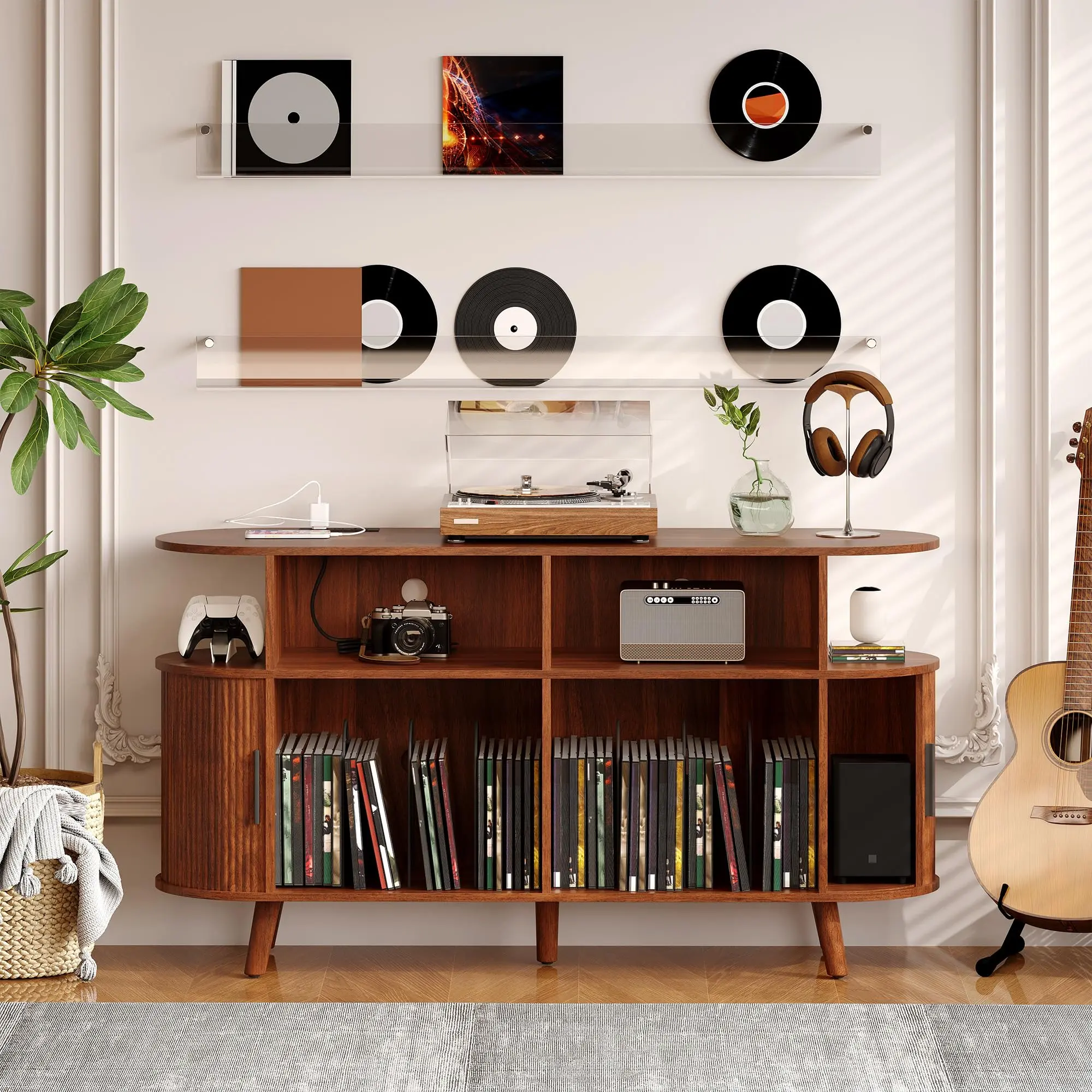 Garvee 55'' Large Round Record Player Stand with Charging Station and USB Ports, Mid-Century Rustic Vinyl Turntable Storage Cabinet with Open Shelves Holder for Convenient Organization
