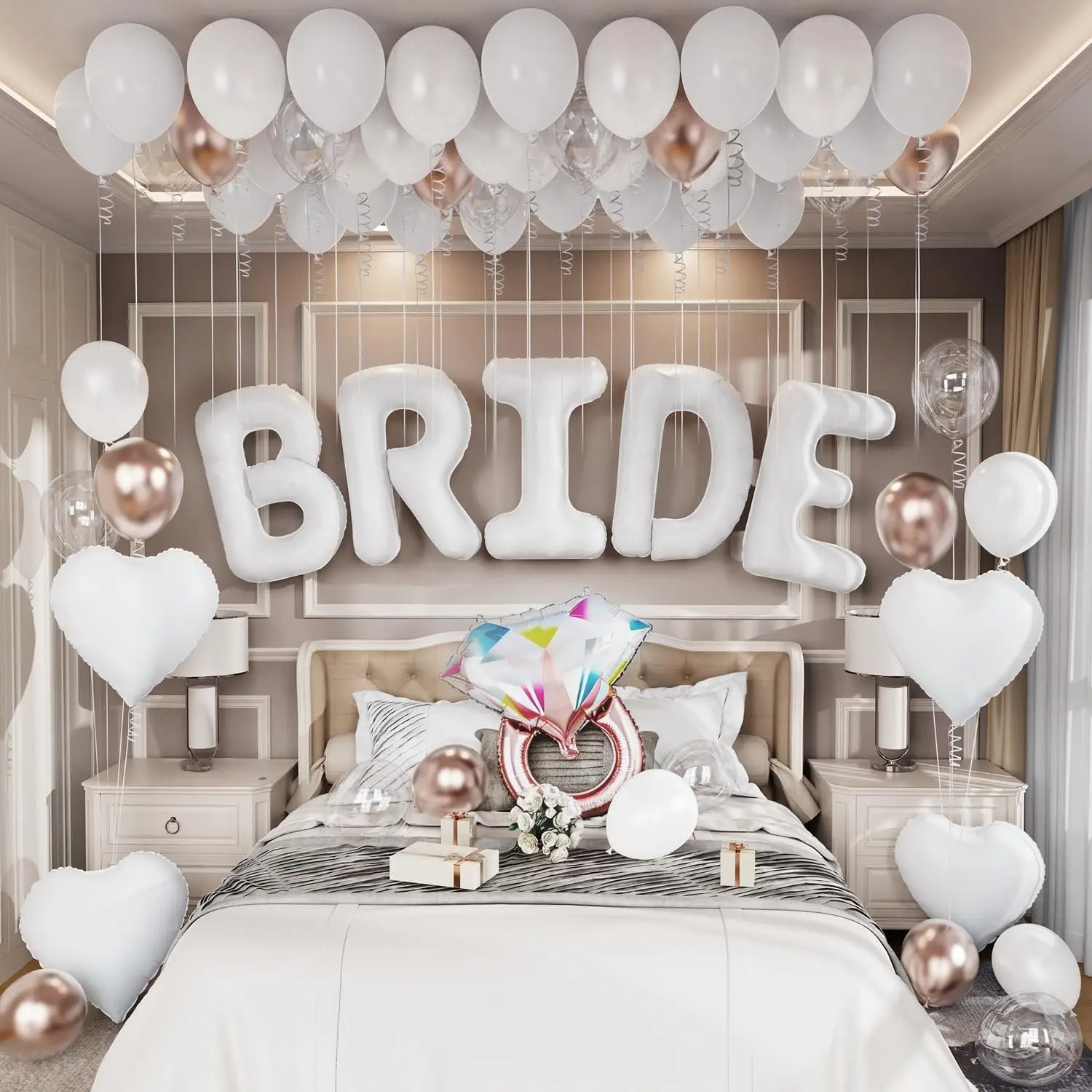 Bride Balloon Decoration Set 40 inch White Bride Heart Balloon with  White Champagne  Balloons for Bridal Shower Wedding Engagement Bachelorette Party Decor 62 count