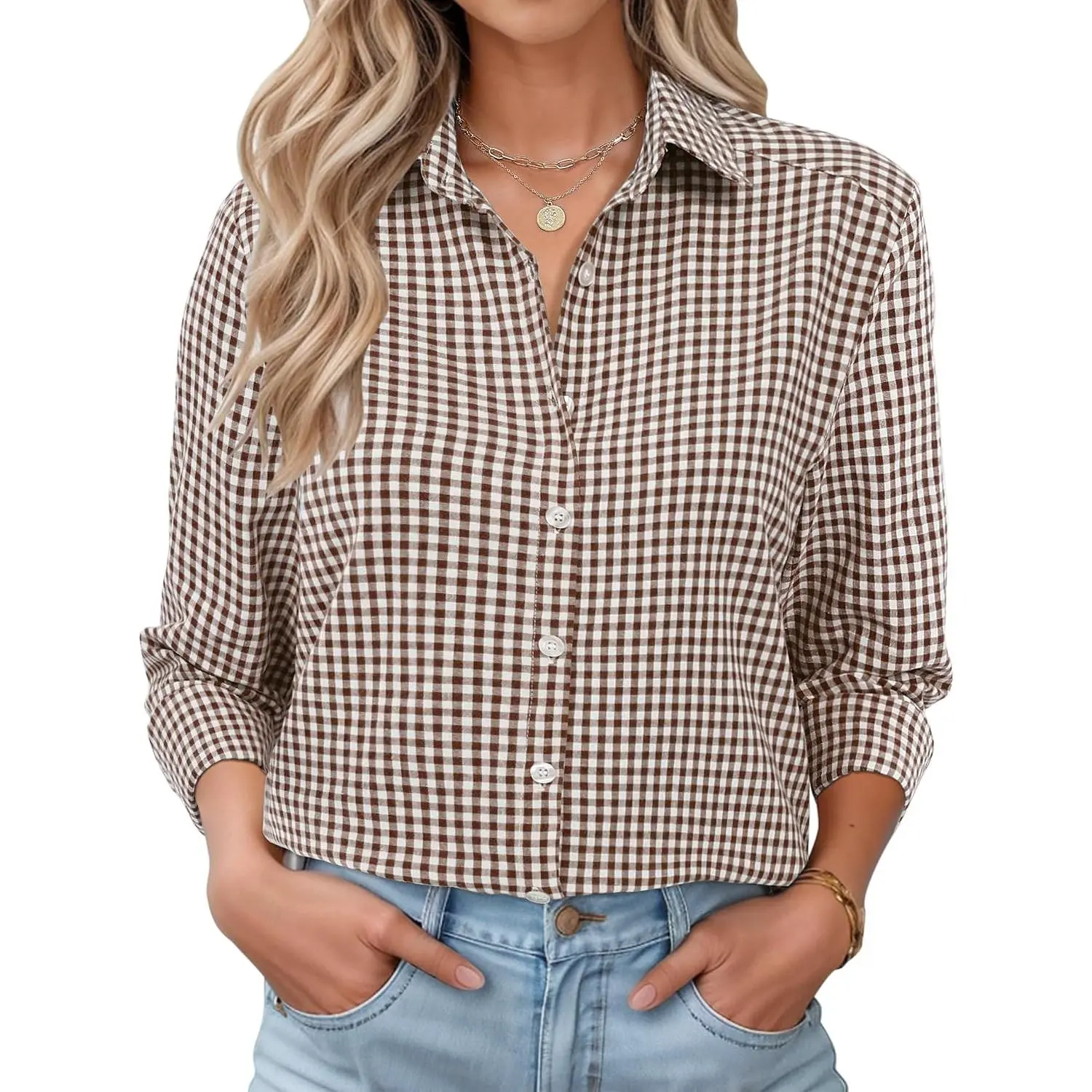 Women's Long Sleeve Button-Down Cotton Blouses, Casual Loose-Fit Collared Tops with Gingham Check Fabrics, Pleated Design for Day Wear