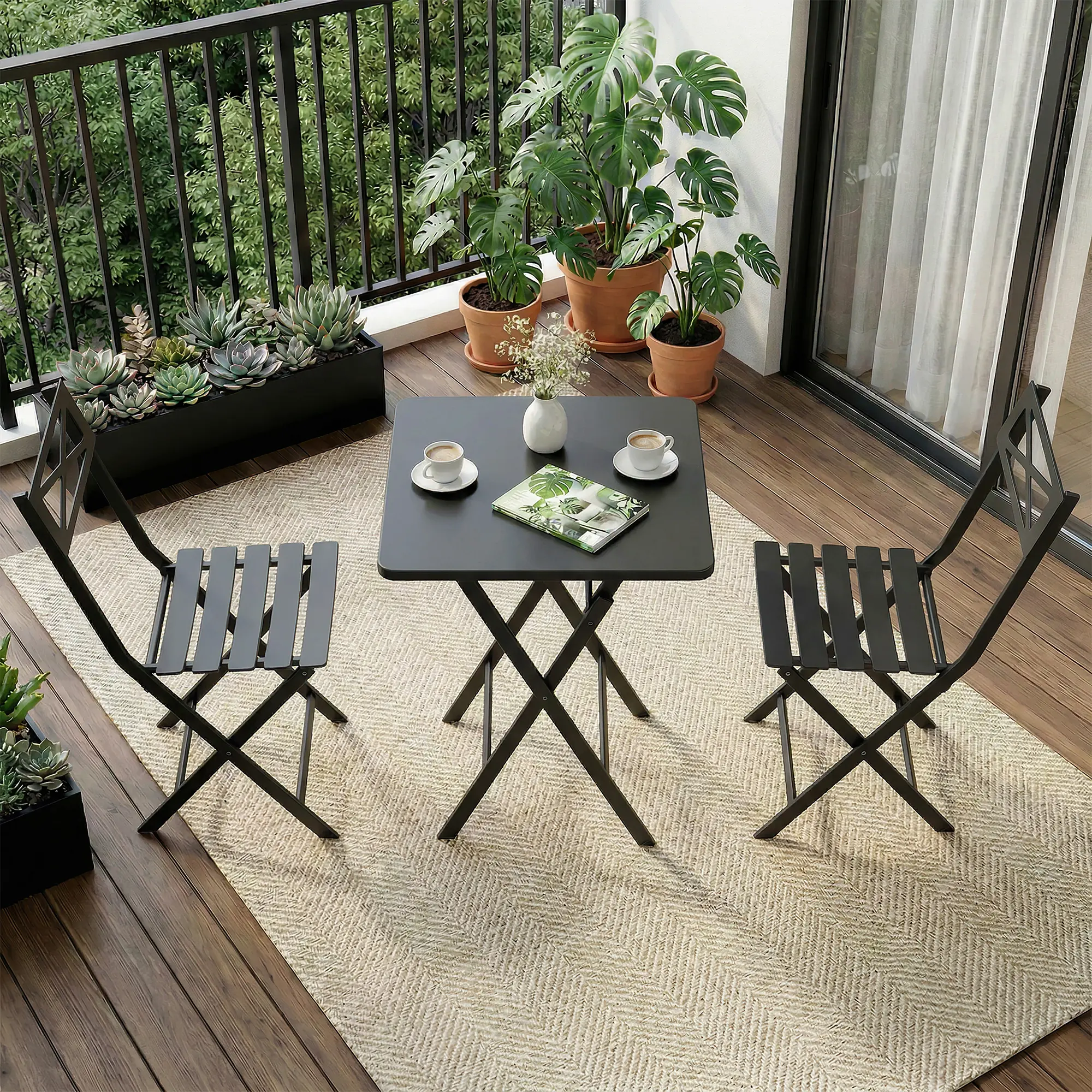 Outdoor Furniture Set - 3-Piece Folding Bistro Set, Heavy-Duty Steel Patio Table & Chairs, Waterproof, Ergonomic, Pre-Assembled, Space-Saving, Storage-Ready for Garden, Balcony