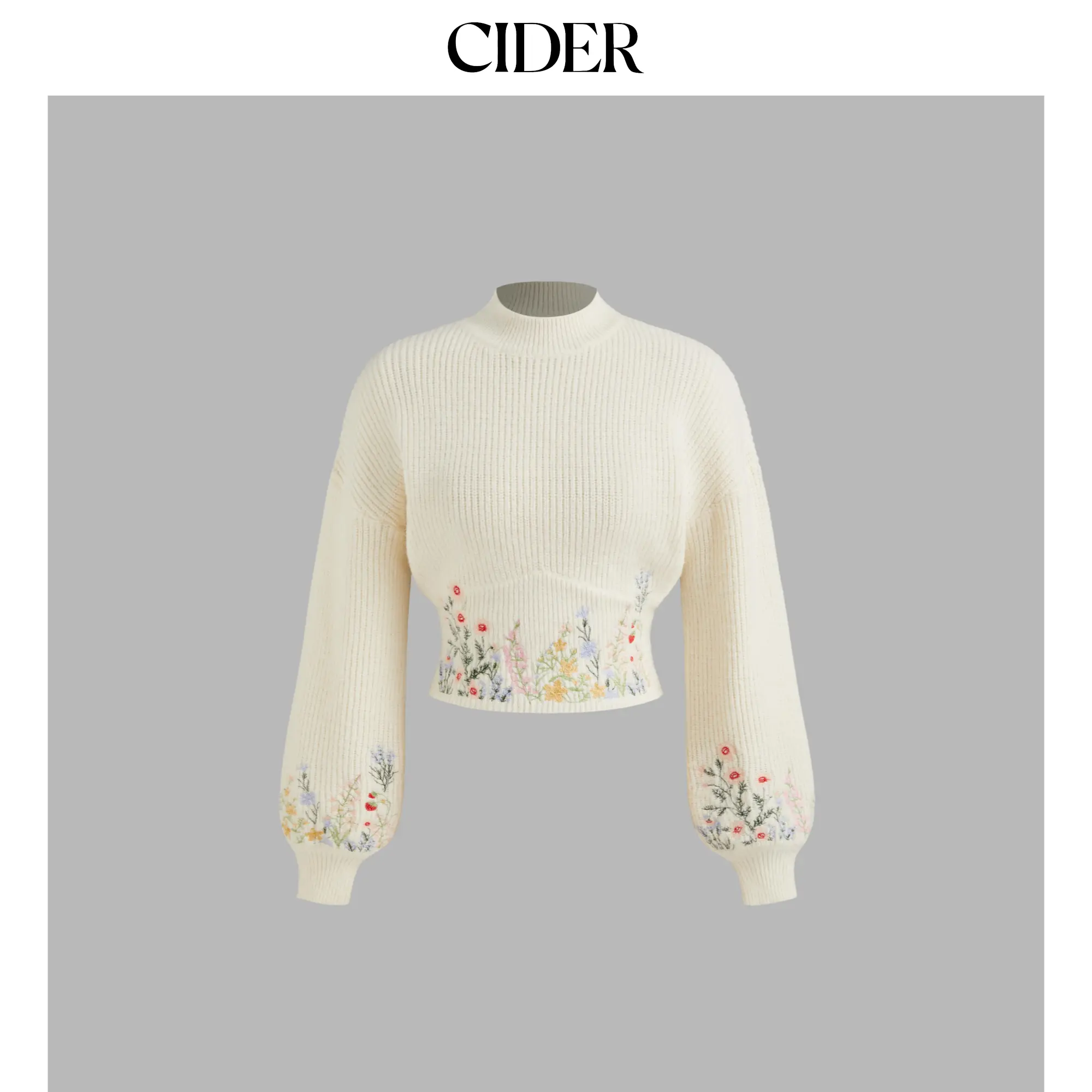 Cider [size 2-26] Knit High Neck Floral Embroidery Long Sleeve Crop Top