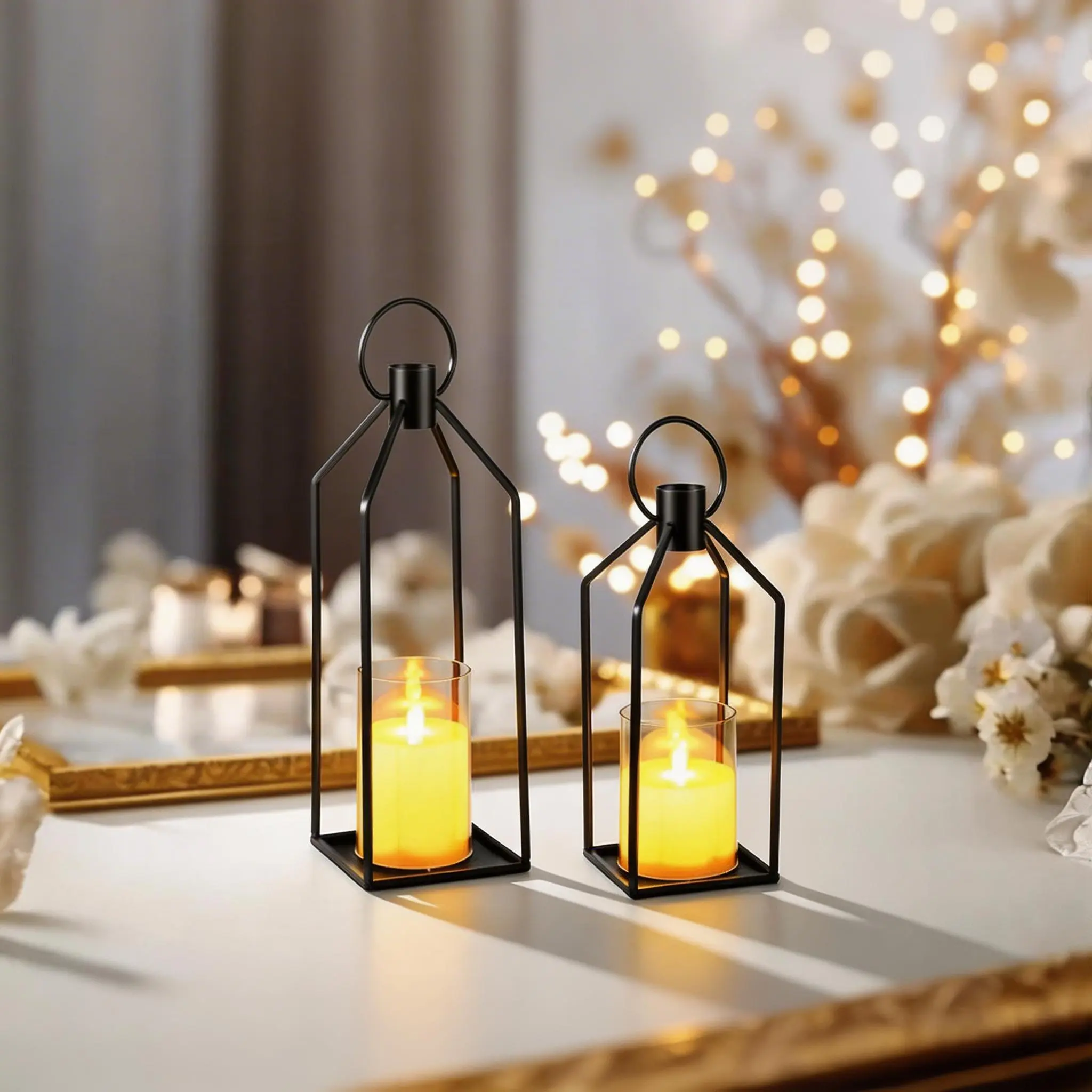 Candlesticks with LED Real Wax Candles, Set of 3, Modern Decorative Candle Holders/Lanterns for Living Room, Windowsill, Outdoor Use