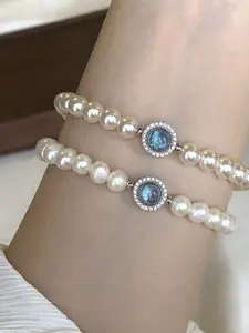 2Pcs Vintage Aquamarine Halo Crystal White Pearl Stretch Bracelet Elegant Women Stack Wristband Set