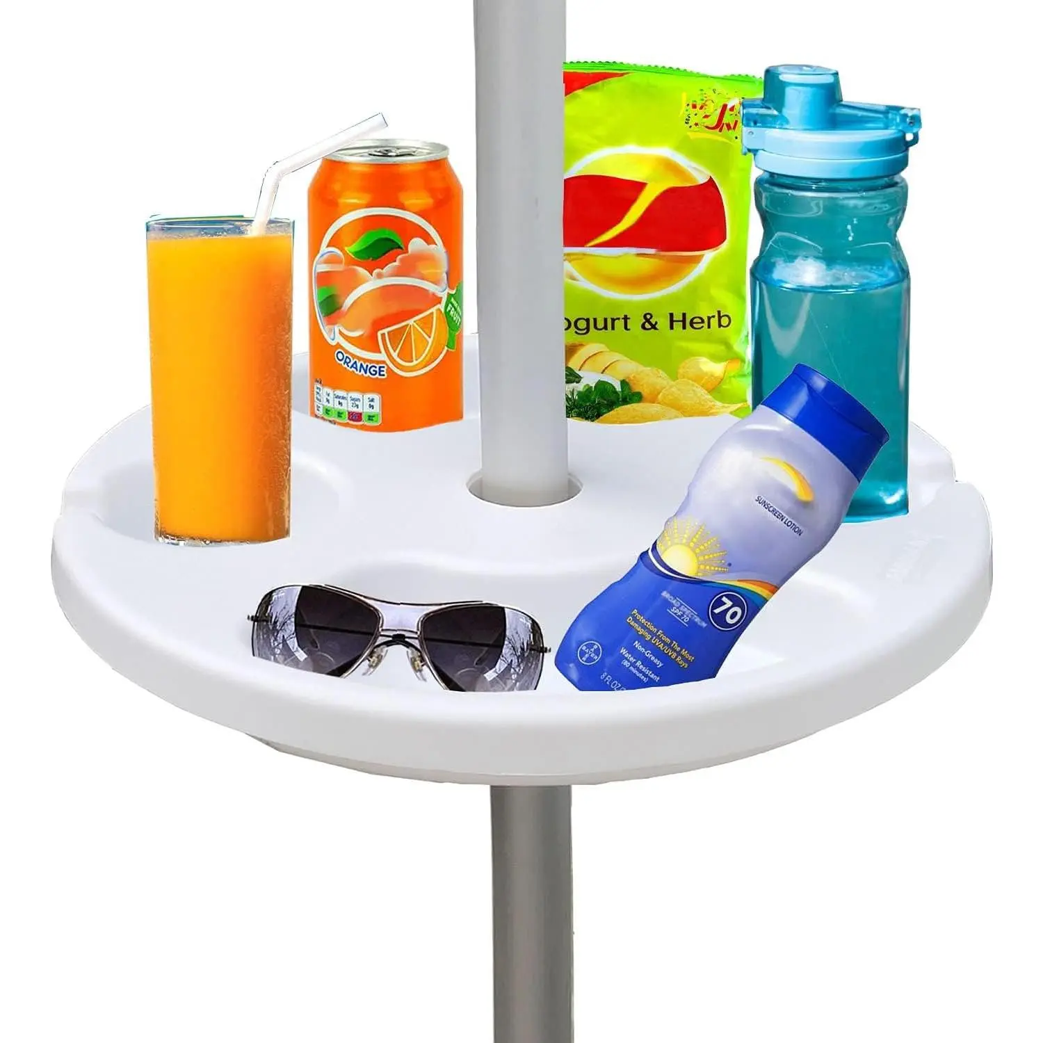 13-Inch Beach Umbrella Table Tray with Cup Holders and Snack Compartments - Portable for Beach, Patio, Garden, Swimming Pool - White