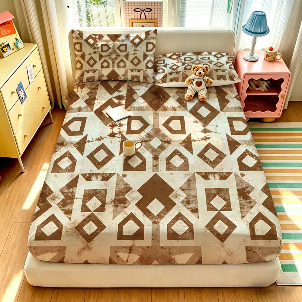A 3-piece digital print bedspread set with retro geometric patterns, geometric bedding set, including 1 bedspread and 2 pillowcases, without a filling. The bedspread is soft and comfortable, with a deep pocket design, and is suitable to be given as a gift