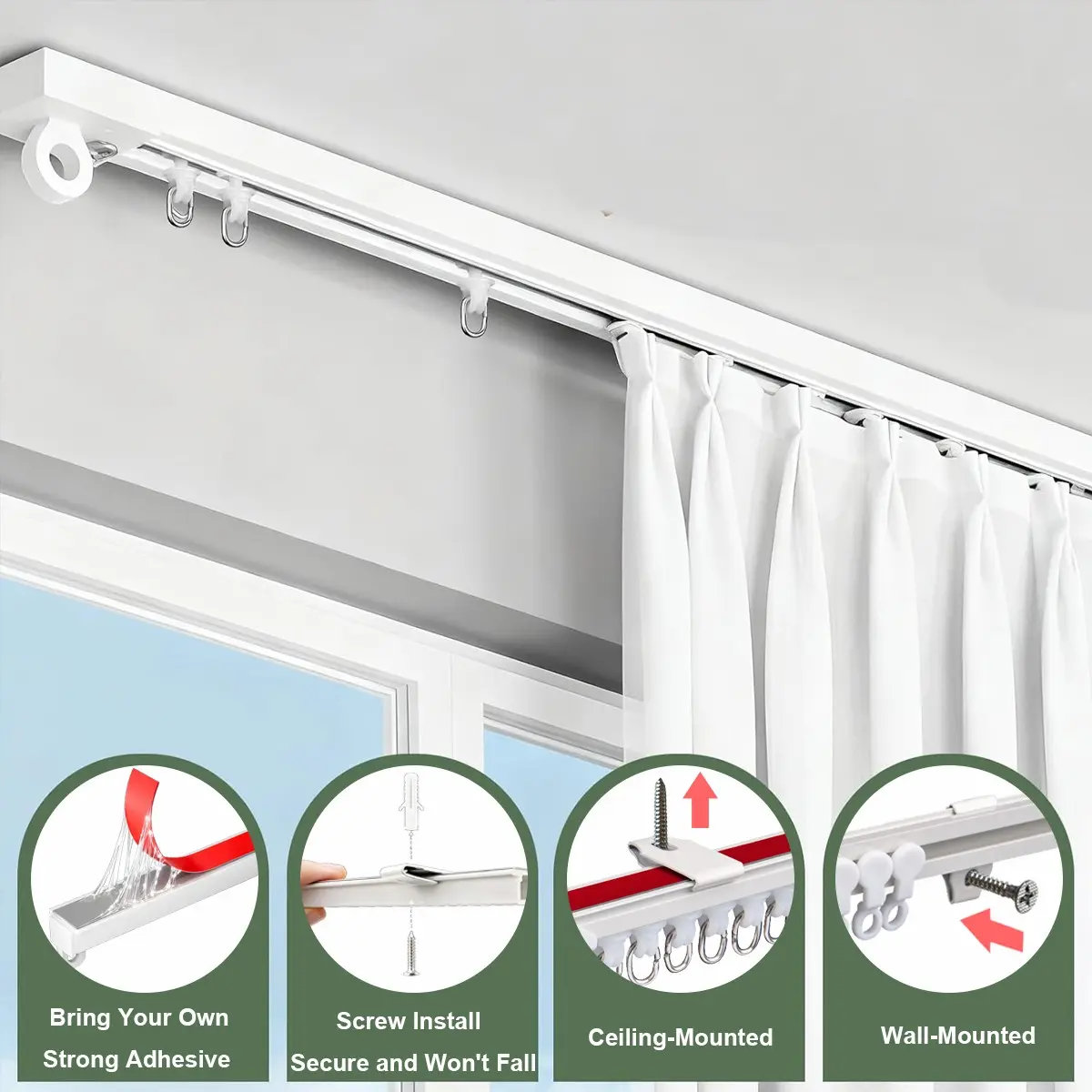 4-In-1 Self-Adhesive + Drill Dual Fix Curtain Track System, Ceiling/wall Mount, Easy Installation, Multi-Scene Use for Bathroom, Windows, Rooms