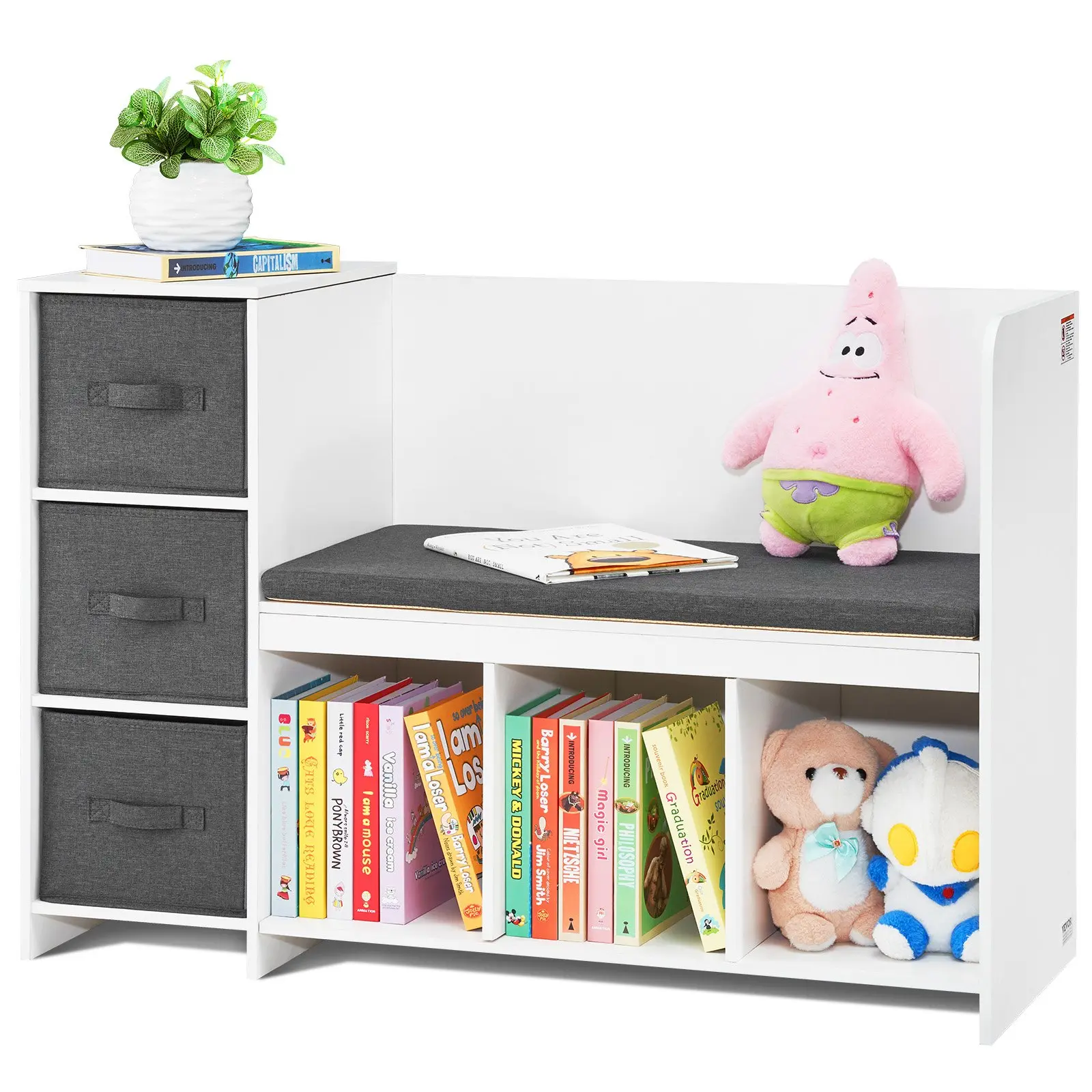【Summerfinds】VEVOR Kids Reading Nook Bench, Toddler Bookshelf and Bookcase with Detachable Seat Cushion, 6-Cubby Storage Organizer Bench with 3 Drawers, Ideal for Playroom, Bedroom, Living Room or Entryway, White