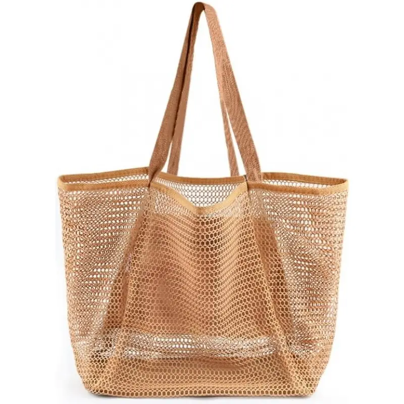 Women's Sandproof Woven Polyester Mesh Beach Tote Bag, Summer Travel Storage Handbag with Large Pocket & Shoulder Straps