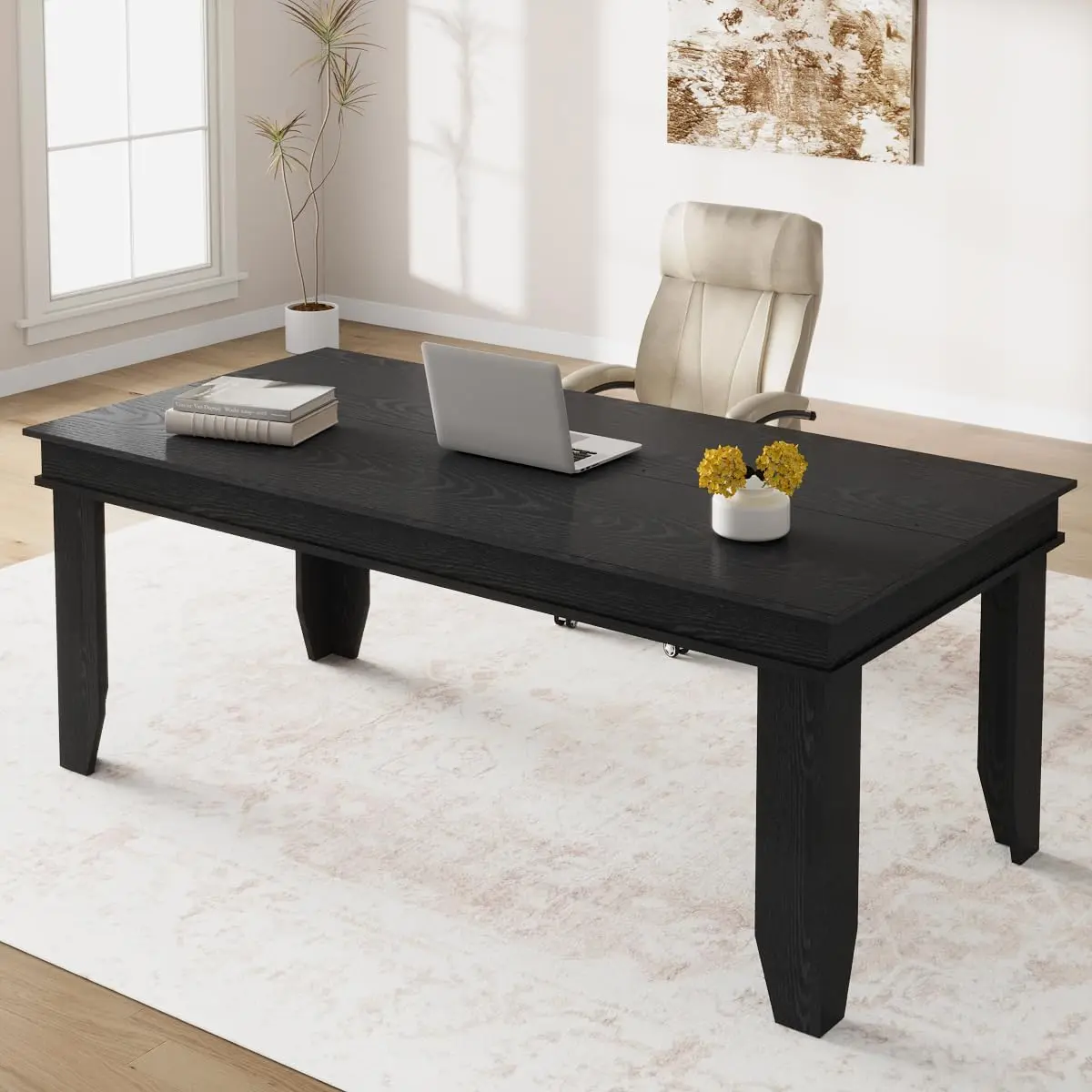 70 in Farmhouse Executive Desk, Large Home Office Desks, Work from Home Study Desk, Black Two Person Laptop Computer Desk, Sturdy Wooden Frame, Large Legroom for Home Office Bedroom