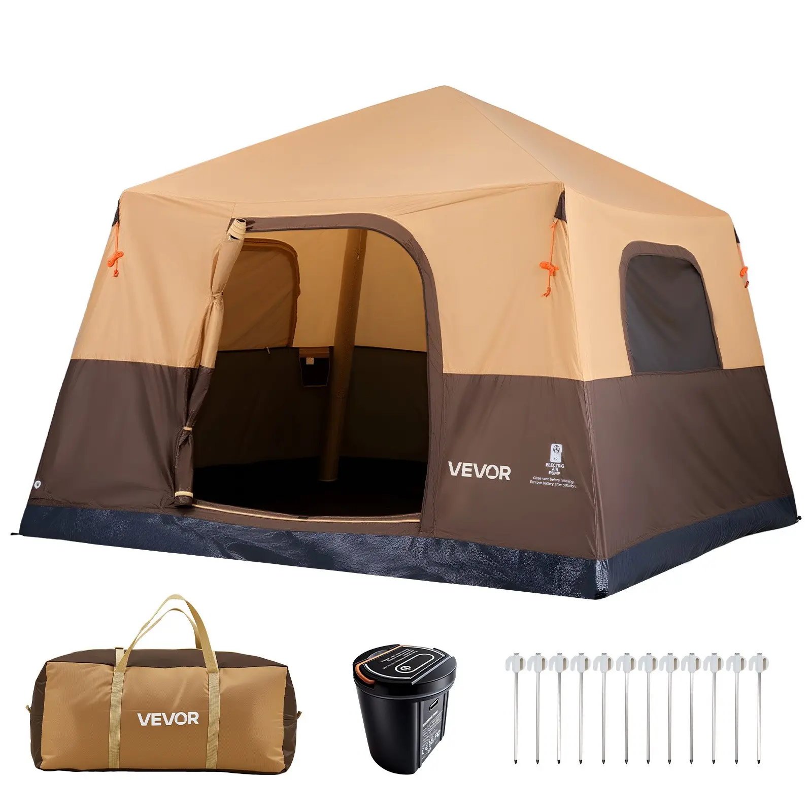 VEVOR Camping Tent, 6 Person Inflatable Cabin Tent with Rechargeable Pump, TPU Air Tube 4 Large Mesh Windows, Portable Easy Setup Waterproof with Carry Bag for Family Outdoor Camping Hiking, Beige