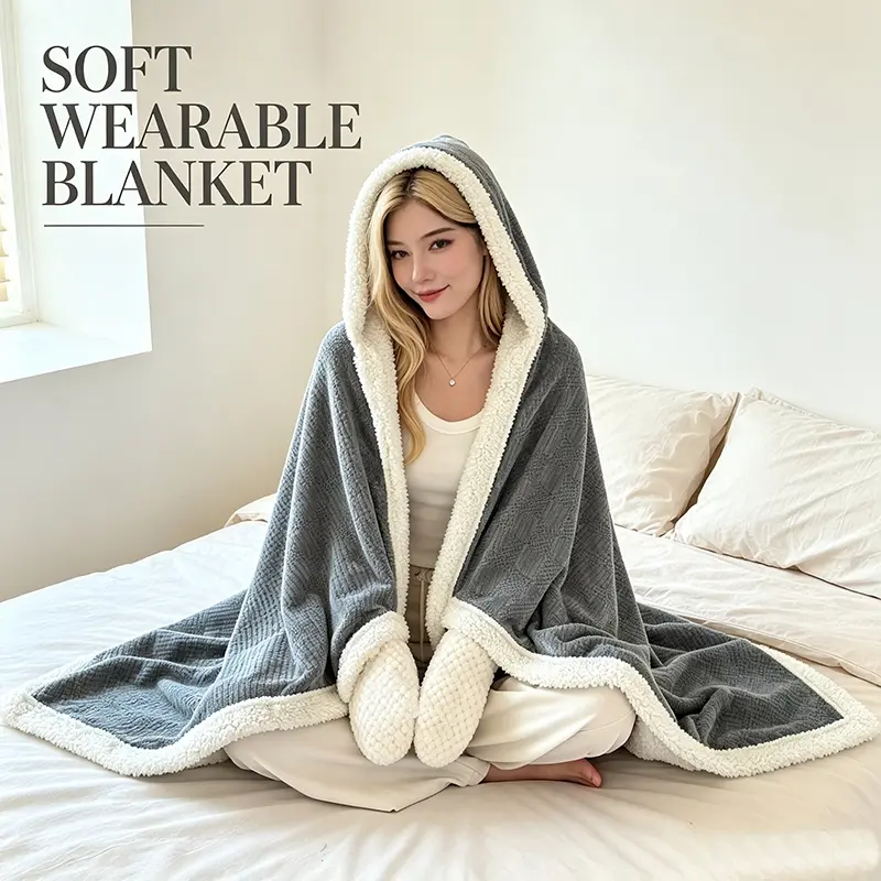 Aesthetic Waffle Textured Hooded Shawl, Wearable Wrap Blanket with Hand Pockets for Sofa Bed Office Use, Multi Purpose Blanket