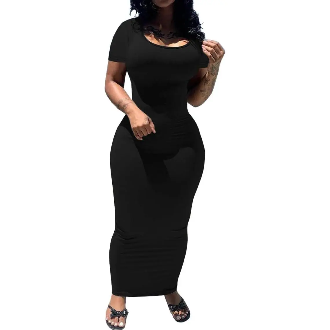 Women's Casual Bodycon Maxi Dress Summer Scoop Neck Short Sleeve Long Fitted Dresses Club Party