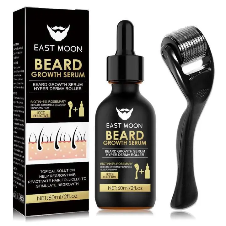 EAST MOON Beard Growth Kit - Serum & Roller Set for Thicker Fuller Beard Daily Care for Men Lightweight Easy to Use Perfect Gift for Him - Lengthening Volumizing