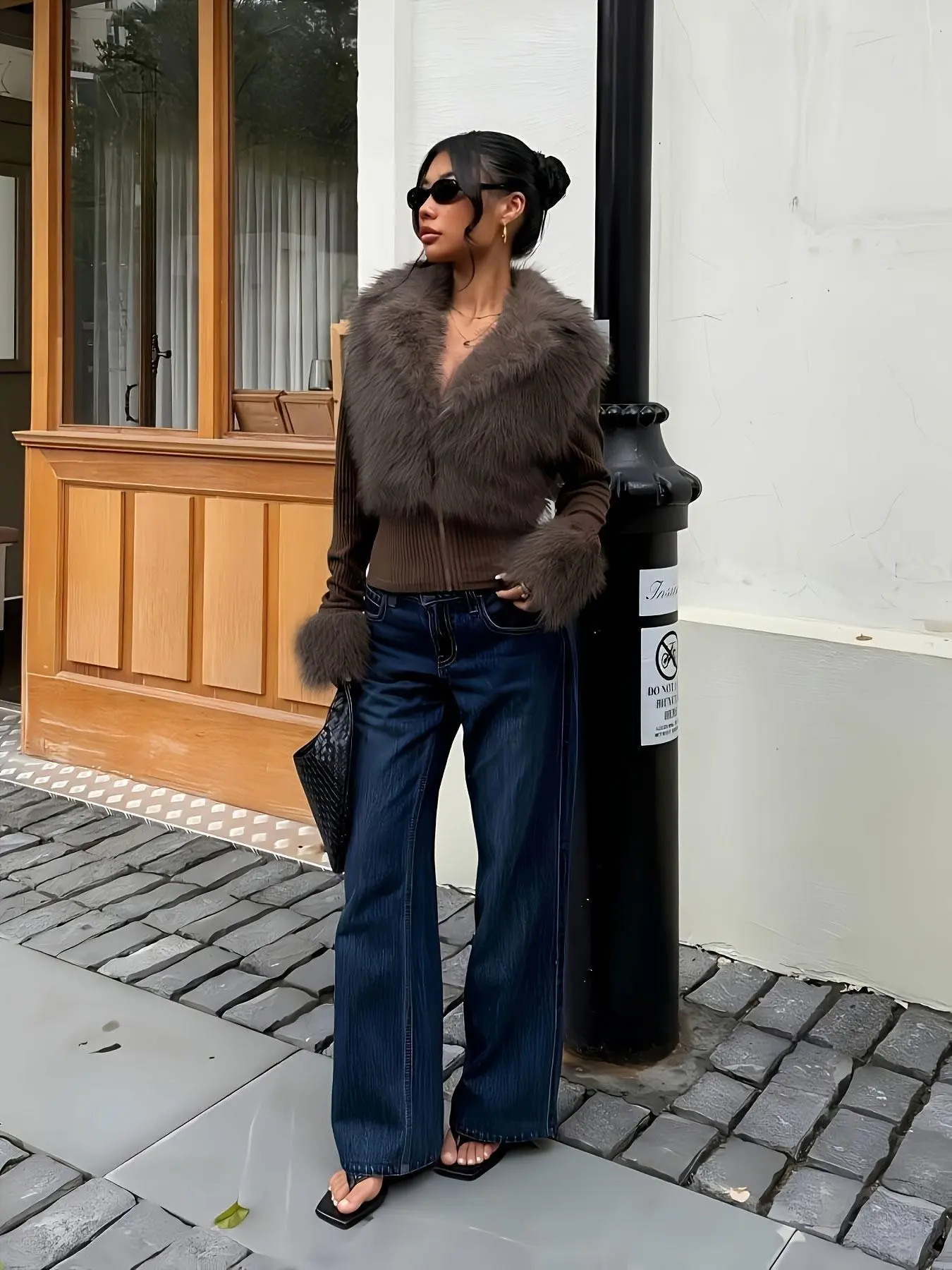 2026 New Fall/winter Women's Faux Leather Fur Patched Puffy Coat, Outerwear, Streetwear, Plaid Punk Style, Y2K Fashion 00156666