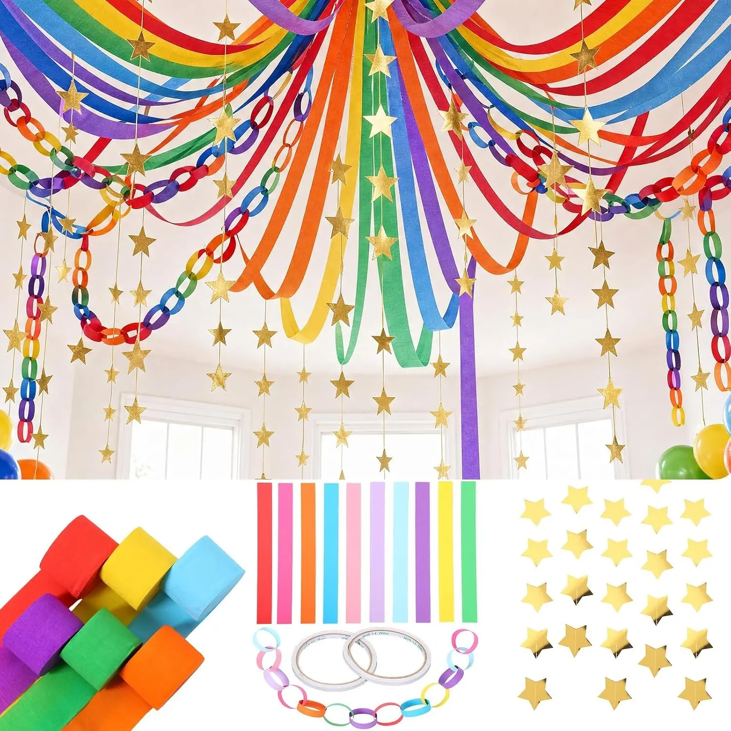 Paper Chain Strips and  Garland Set,  Rainbow Party Decor | 300 Sheet Rainbow Paper Chain Strips,492ft Crepe Paper Streamers, 65ft   Garland, for Birthday, Wedding Parties