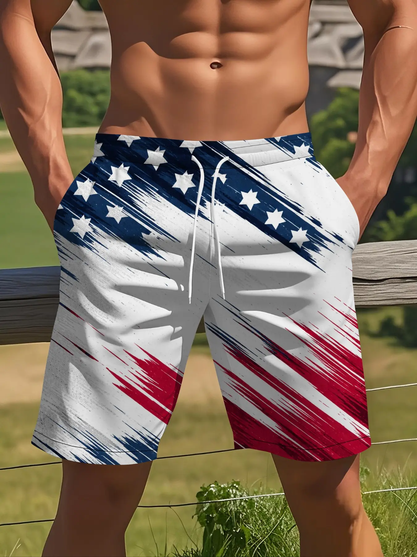 Men's American Flag Beach Shorts, Quick-Dry Breathable, Holiday Essential, Fashion Casual Short Pants, Drawstring Swim Shorts, Summer, Swimming Shorts
