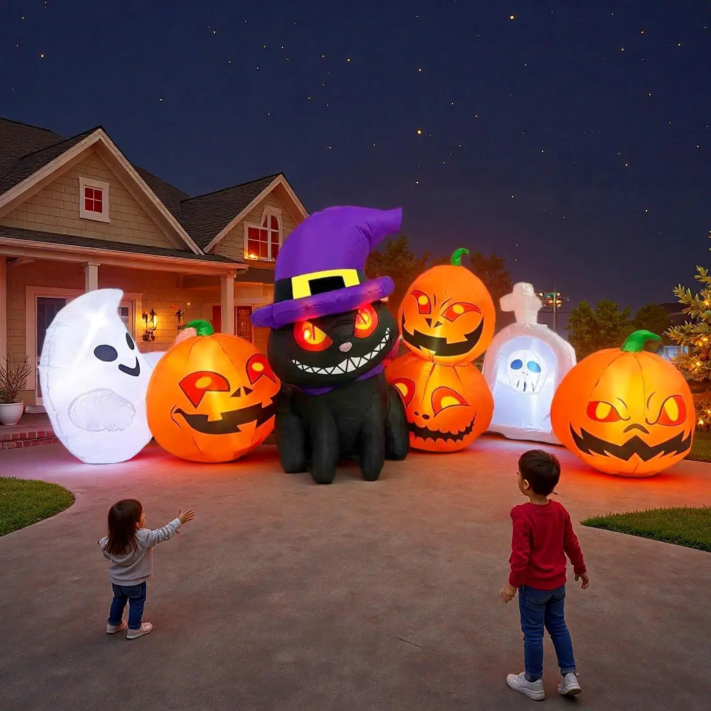 8FT Halloween Inflated Fabric Outdoor Decoration - Black Cat Pumpkin with Built-in LEDs, Ghost Tombstone Horror Yard Ornament for Baby-Centric Holiday Parties, Outdoor Lawns
